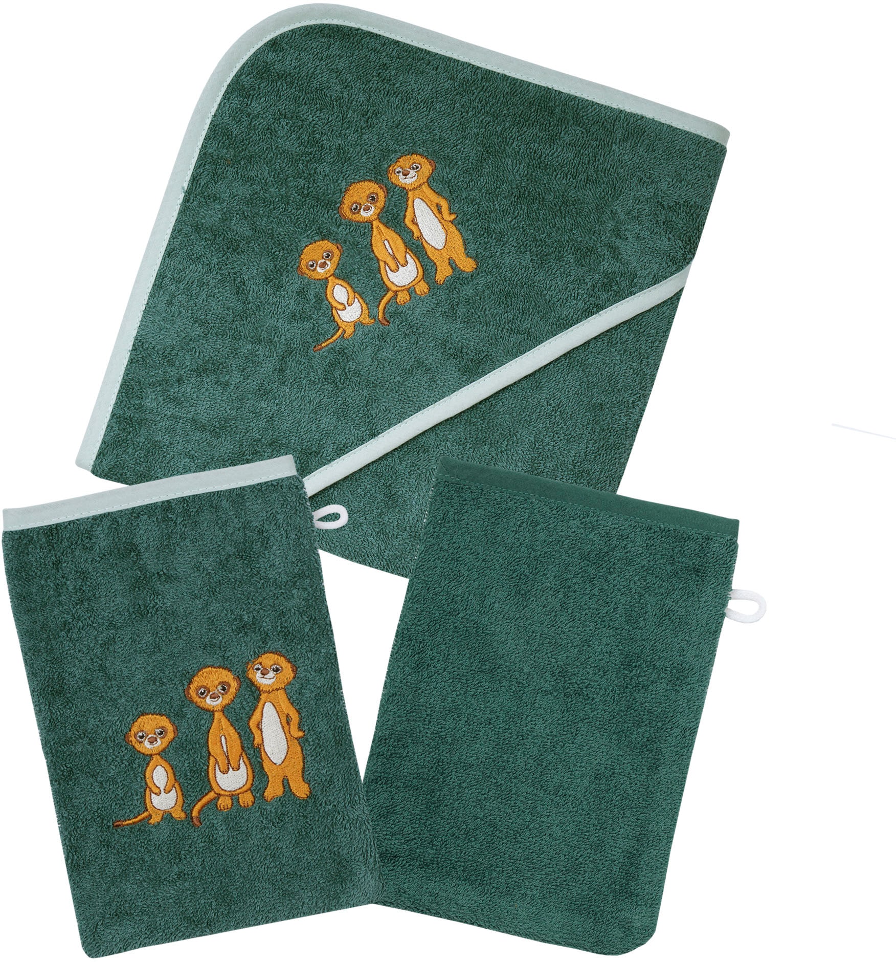 Wörner Handtuch Set »Erdmännchen pinie Kapuzenbadetuch mit 2 Waschhandschuhen«, (Spar-Set, 3 St.), mit süßer Stickerei Erdmännchen