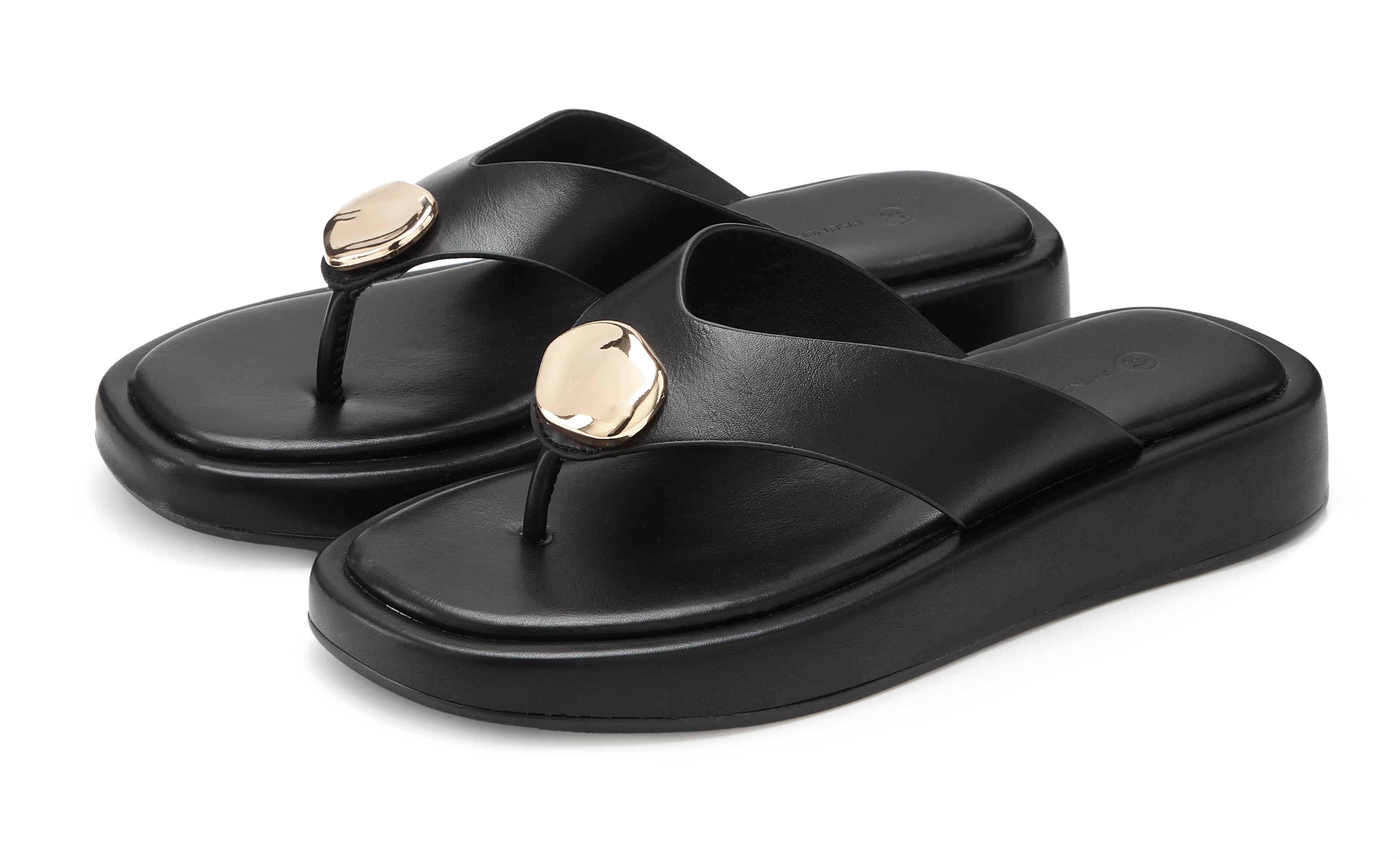 French Connection Zehentrenner "Sandale, Pantolette, offener Schuh, Sommerschuhe" NEU mit goldfarbenem Schmuckelement und bequemer Sohle VEGAN