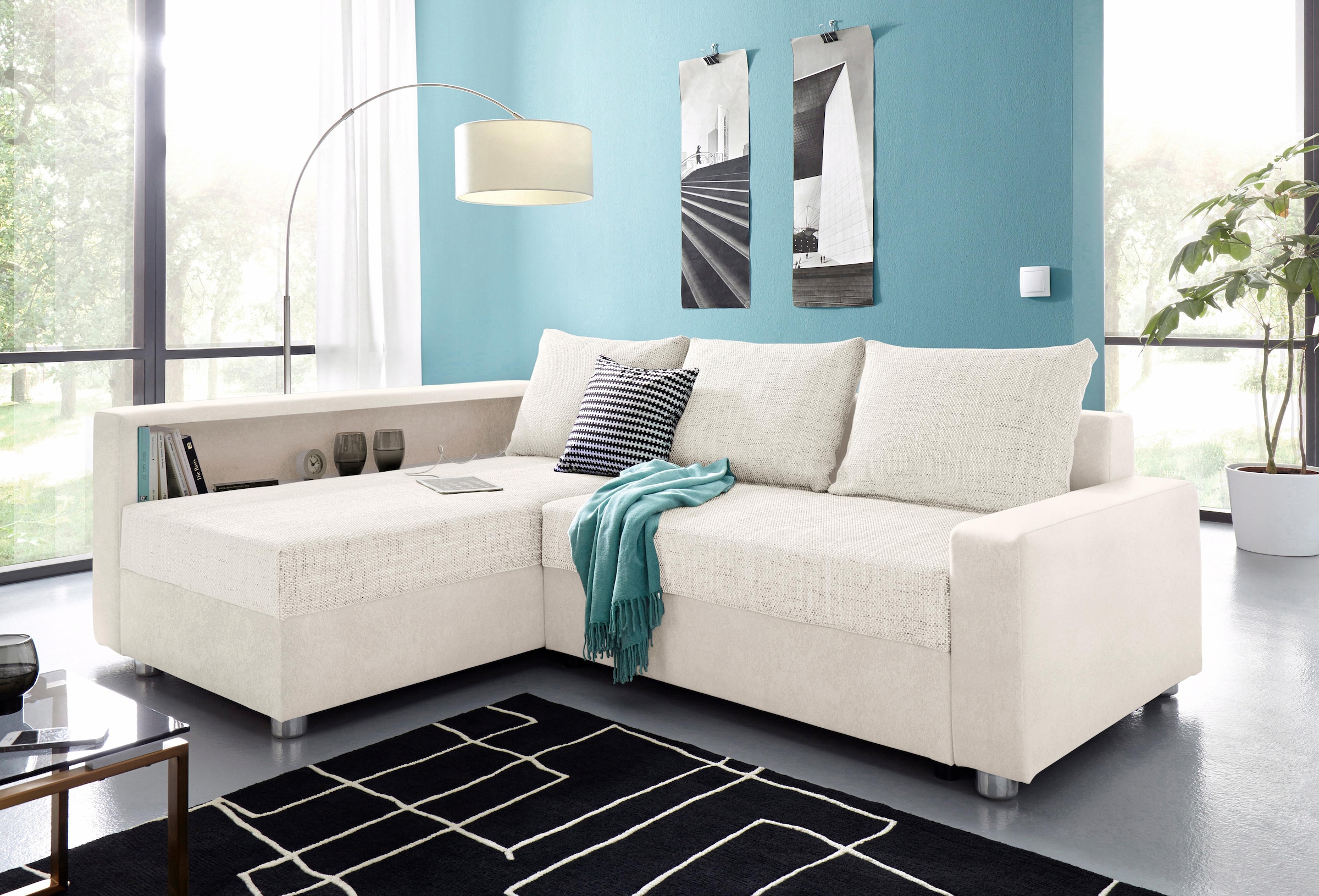 COLLECTION AB "Relax L-Form, B: 223 cm" Schlaffunktion, Bettkasten, Regal & 1 Zierkissen, optional Licht