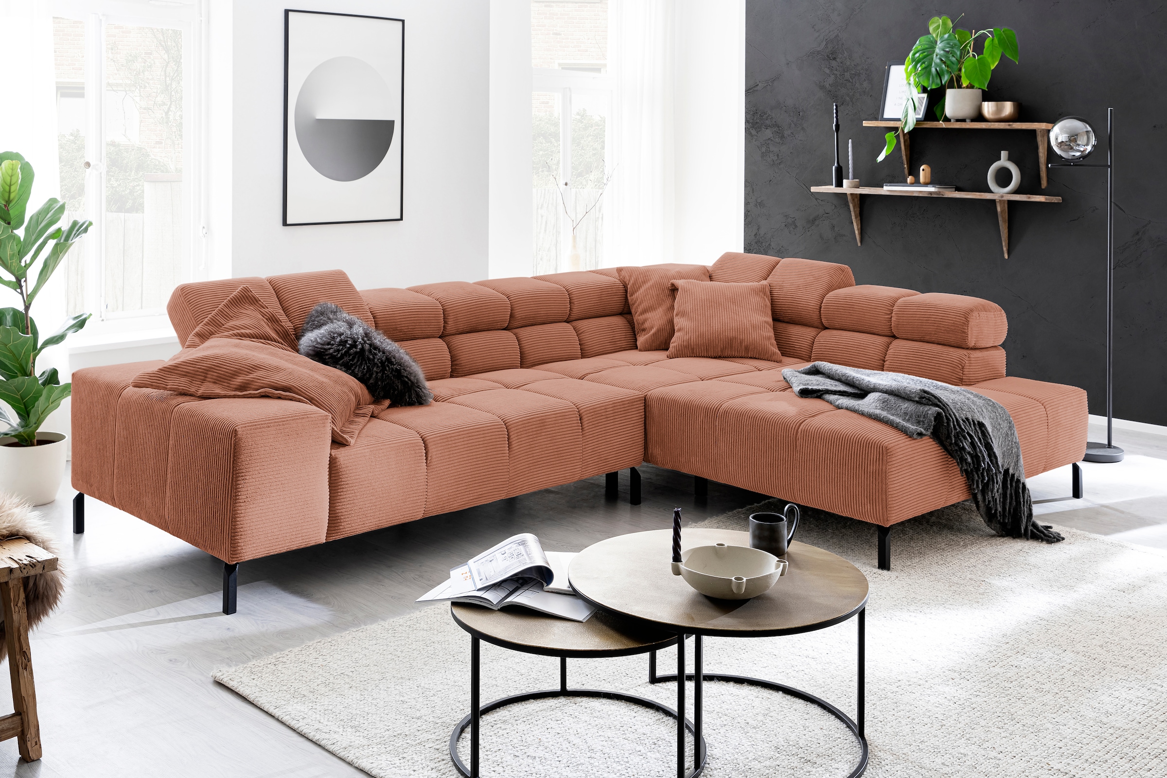 Home affaire Ecksofa "Ancona New, wahlweise motorische Sitztiefenverstellung, auch in Cord" feine Steppung, mit Kopfteilverstellung, 3 Zierkissen, L-Form