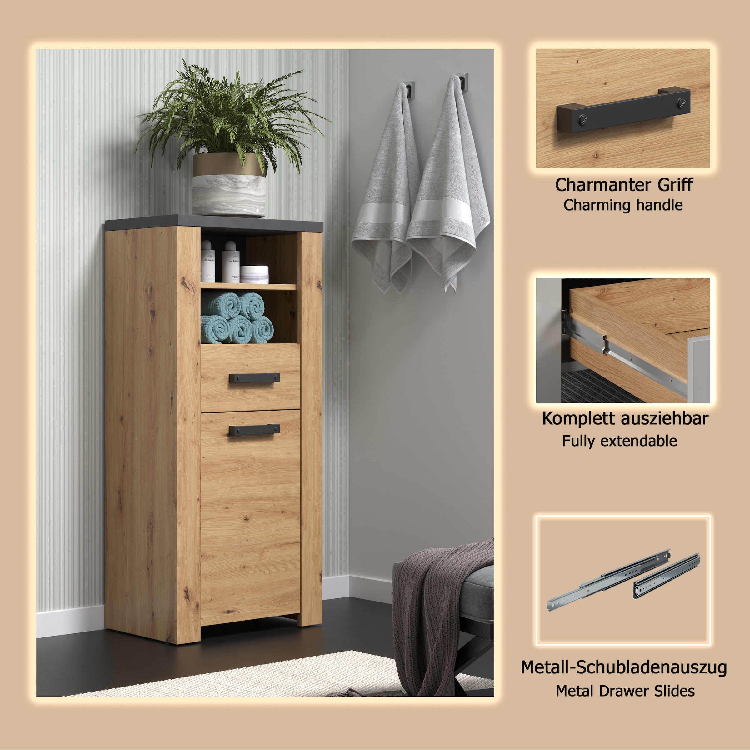 welltime Midischrank »Ambres«, (1 St.), Badschrank in matter Echtholzoptik - Maße (B/T/H) 53/35/118 cm