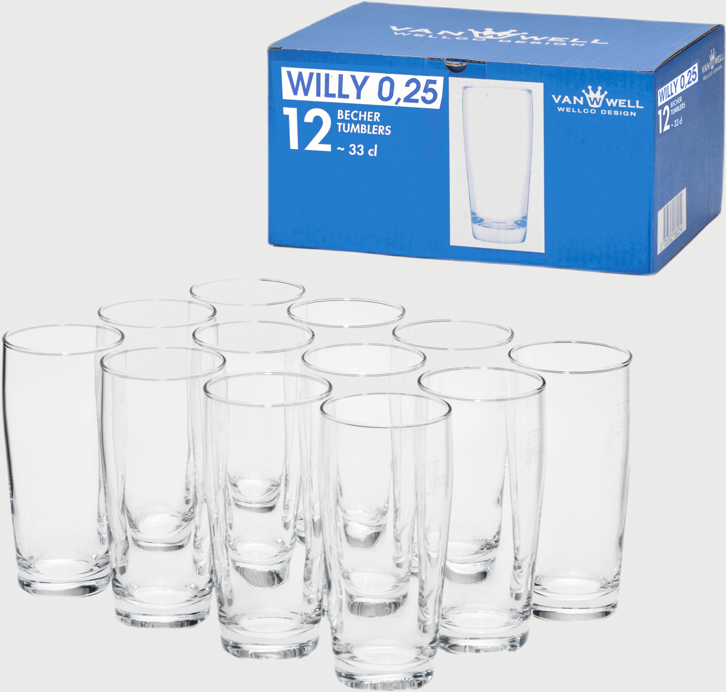 van Well Bierglas »Willybecher«, (Set, 12 tlg., 12 Willybecher 0,25l), 0,25 L, geeicht, spülmaschinenfest, Gastronomiequalität, 12-tlg.