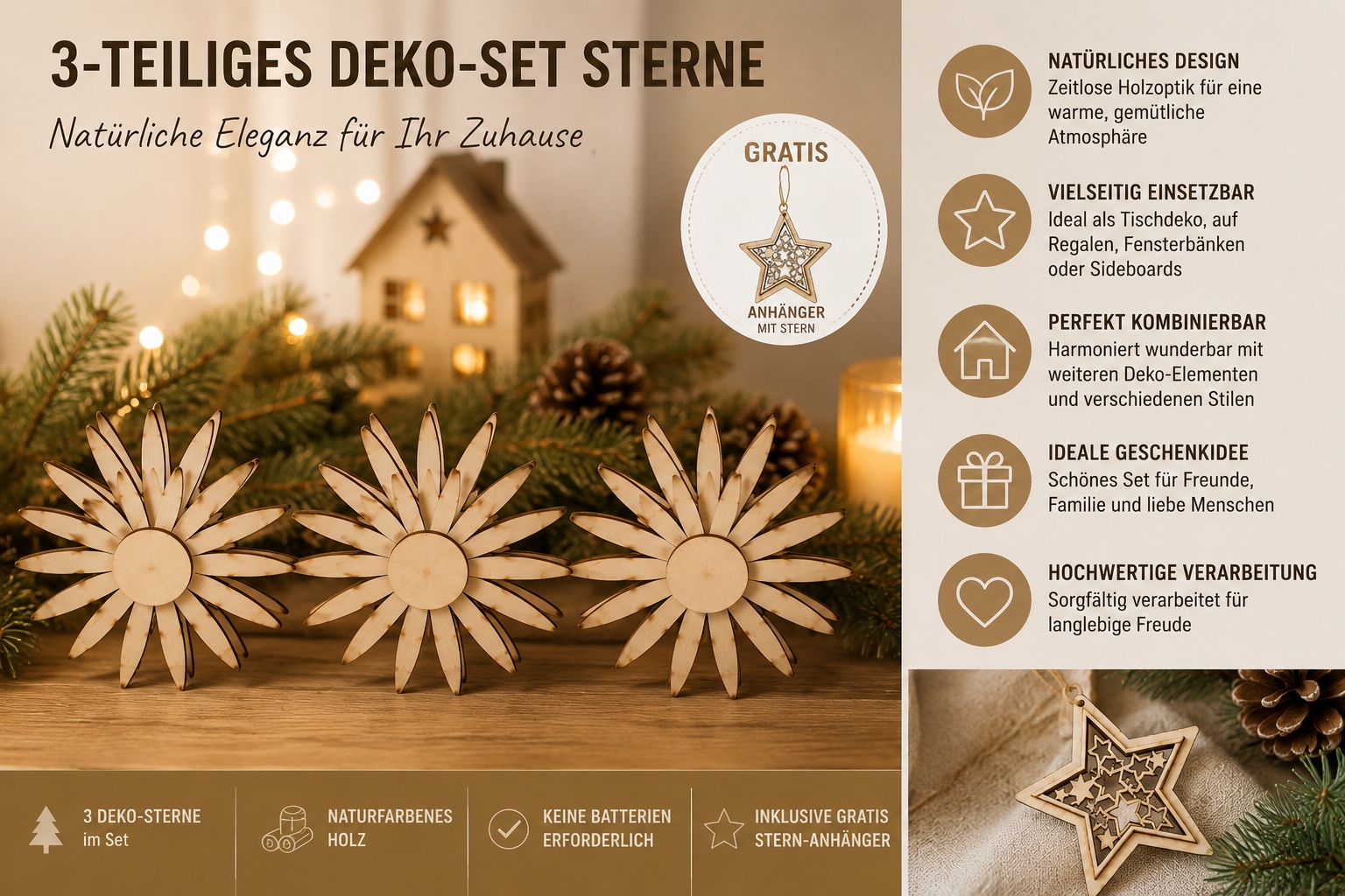 OTTO home Dekoobjekt »Holzdekoration, 3-teiliges Set-Farbe Natur« Gratis-Hänger, Baumschmuck und dekoratives Highlight