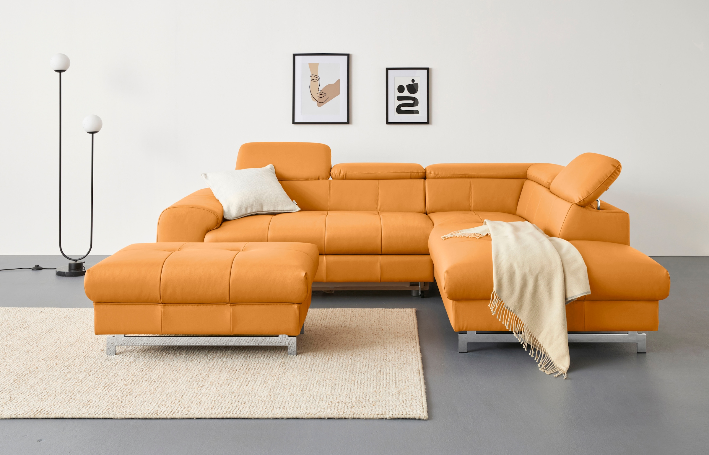 COTTA Ecksofa "Chef L-Form, B: 257cm, Leder, inkl. Kopfteilverstellung" optional mit Schlaffunktion, moderner Kufenfuß H 12cm, Wellenfederung