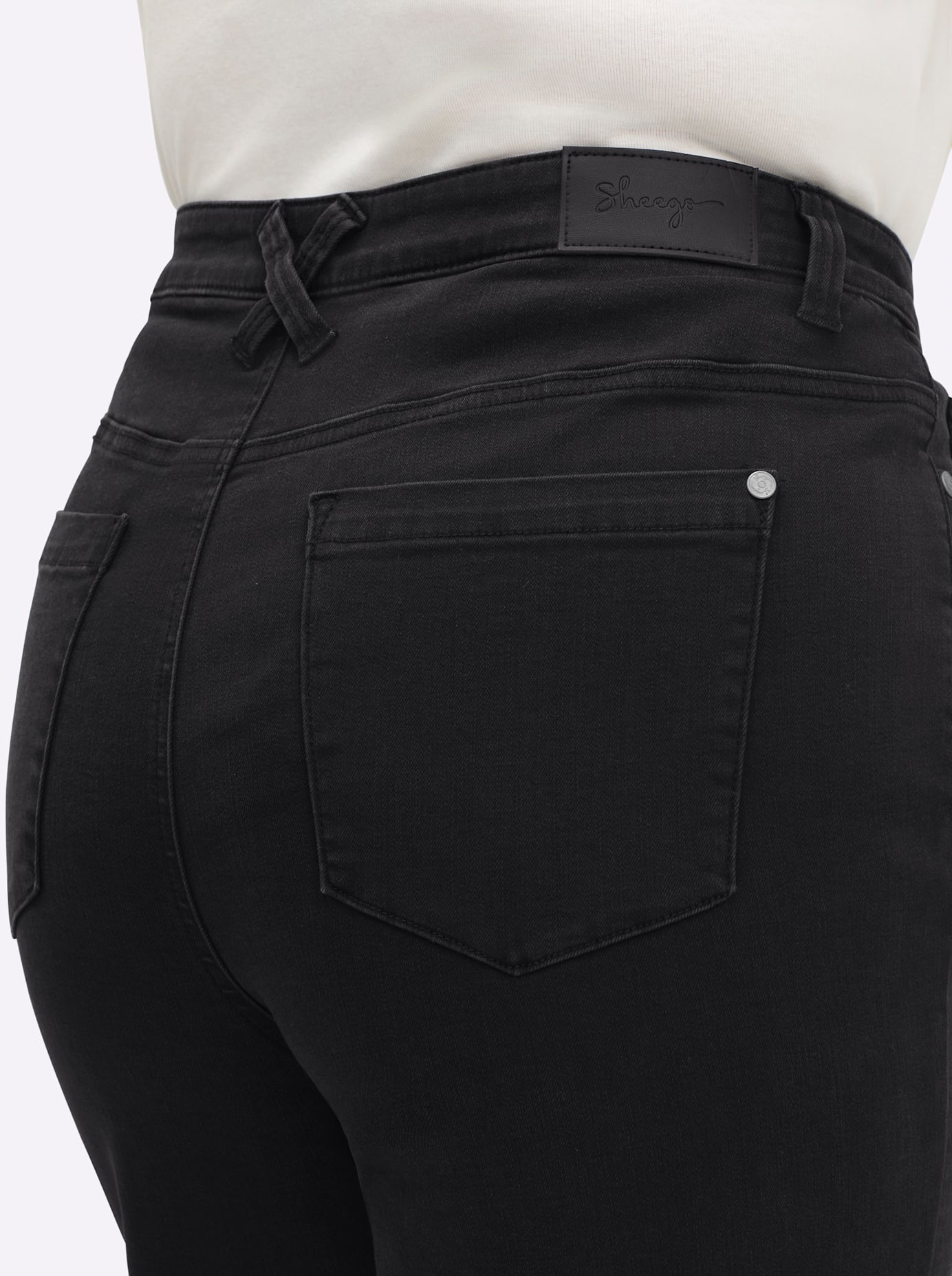 5-Pocket-Jeans SHEEGO, Damen, Gr. 42, Normalgrößen, schwarz denim, 56% Baumwolle, 19% Polyester, 14% Lyocell, 10% Viskose, 1% Elasthan, Einsatz:85% Polyester, 15% Elasthan, unifarben, lang, Jeans 5-Pocket-Jeans 3