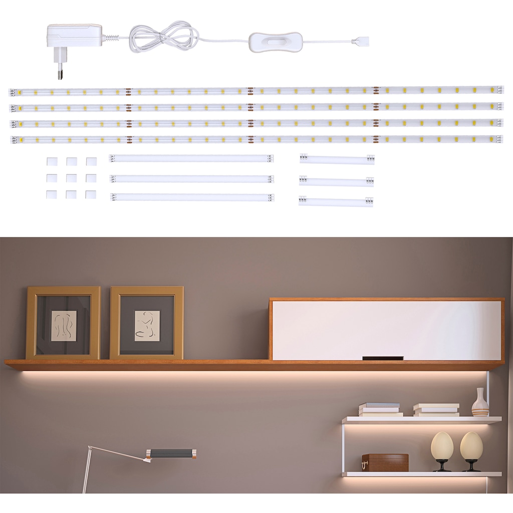 B.K.Licht LED Stripe, 2 Meter , 112 x LED, 12 Watt, 1.100lm, 4.000k, für den Innenbereich, inkl. Kabelhalter und Zuleitung mit Schalter