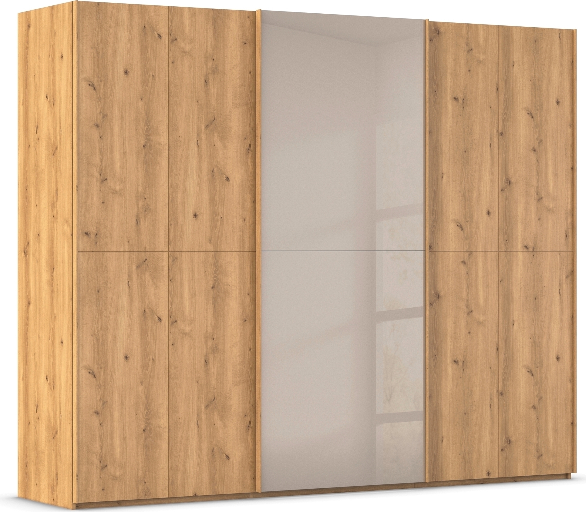 rauch Schwebetürenschrank "Kleiderschrank Schrank Garderobe Schlafzimmerschrank SCALE-WOOD" edle geteilte Front in massiver Asteiche mit Glastüren MADE IN GERMANY