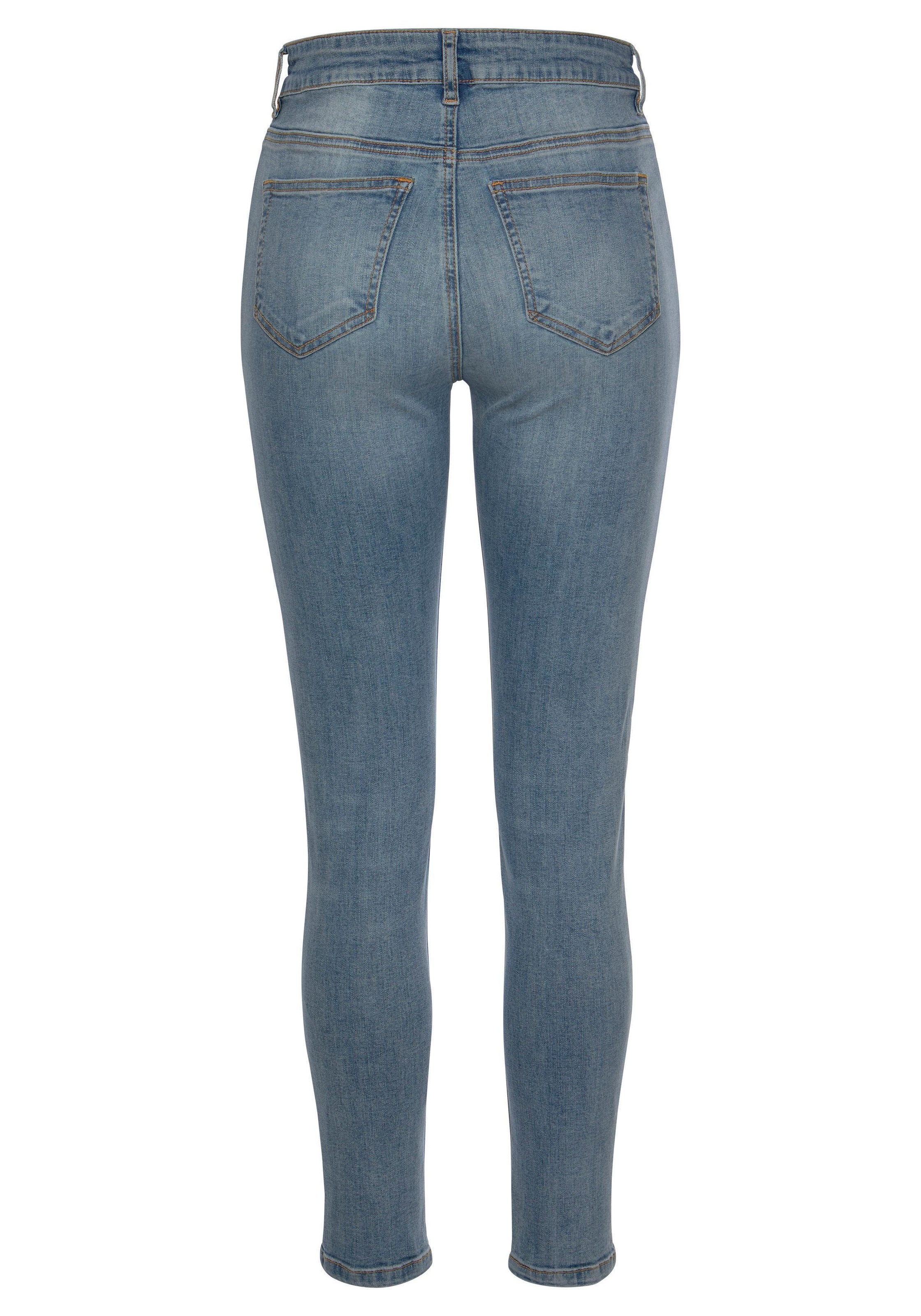 High-waist-Jeans BUFFALO, Damen, Gr. 34, N-Gr, blau (blau, washed), Denim/Jeans, Obermaterial: 98% Baumwolle, 2% Elasthan, figurbetont lang, Jeans High-Waist-Jeans, mit modischer Knopfleiste, schmale Skinny-Jeans, Stretch-Qualität 3
