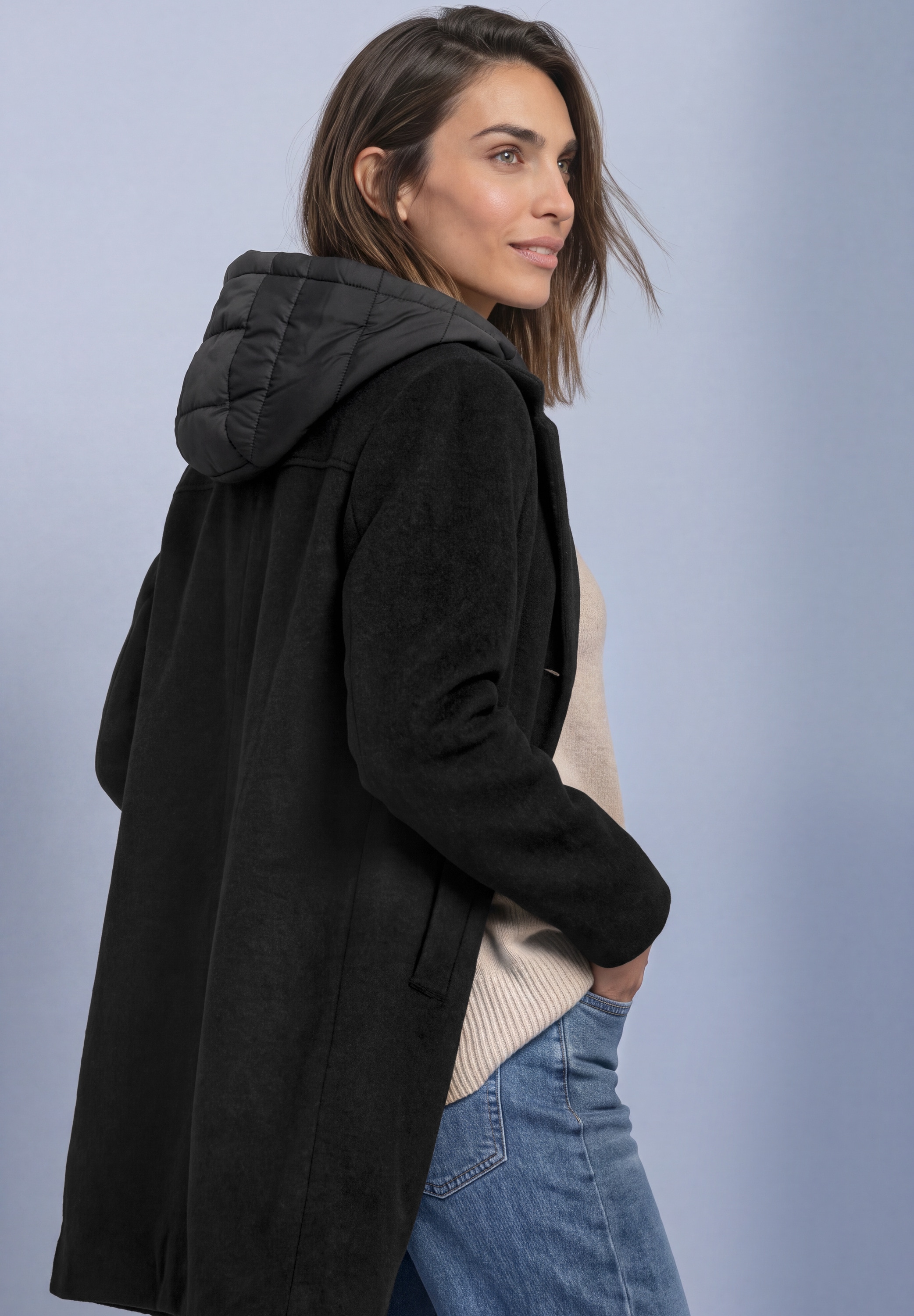 STREET ONE Wolljacke mit Kapuze Wollmantel / Reverskragen / mit Kapuze und Reißverschluss