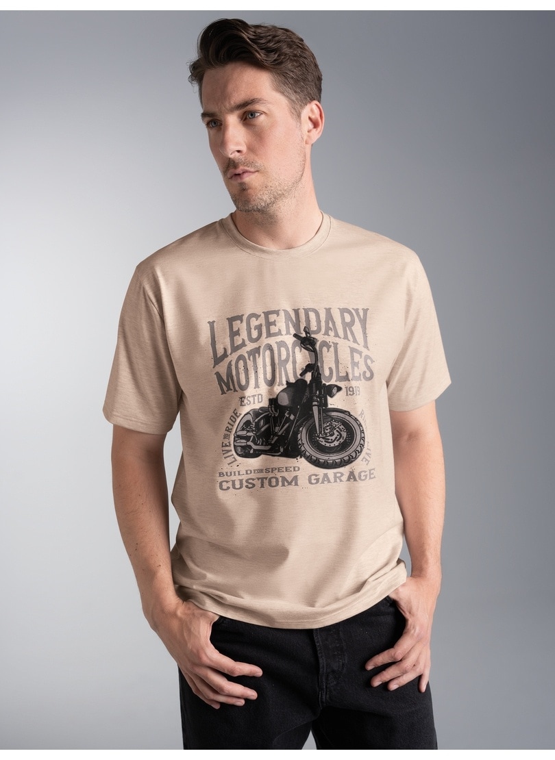 TRIGEMA Herren T-Shirt "TRIGEMA T-Shirt mit Motorrad Print Legendary", beige, Basic, Gr. M, Single Jersey, 100% Baumwolle, Shirts