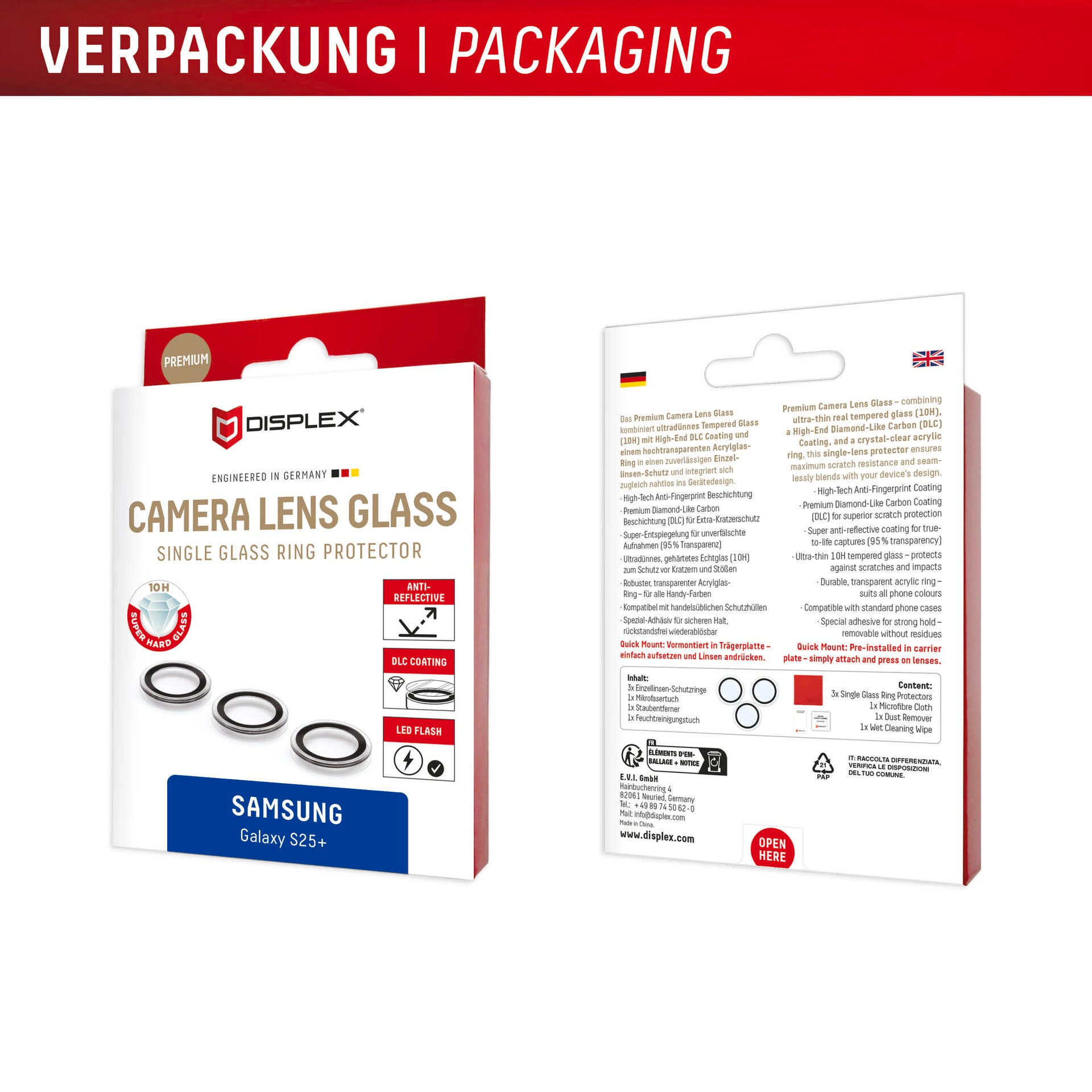 Displex Kameraschutzglas »Camera Lens Glass Single Glass Ring Protector«, für Samsung Galaxy S25+, (Packung, 2x Einzellinsen-Schutzringe), Objektivschutz, Kameraschutz, kratz- & stoßfest