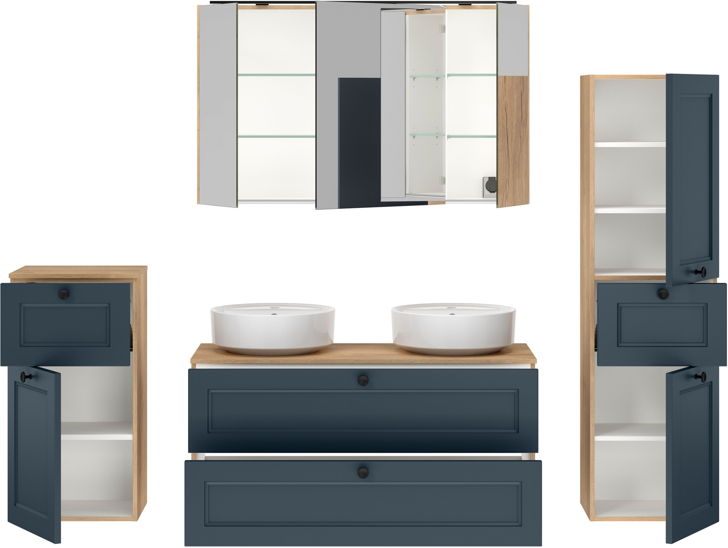 nobilia® Badmöbel-Set »Cascada« Set, inkl.  2 Aufsatzwaschbecken und Spiegelschrank mit Beleuchtung, 6 Stk. tlg.