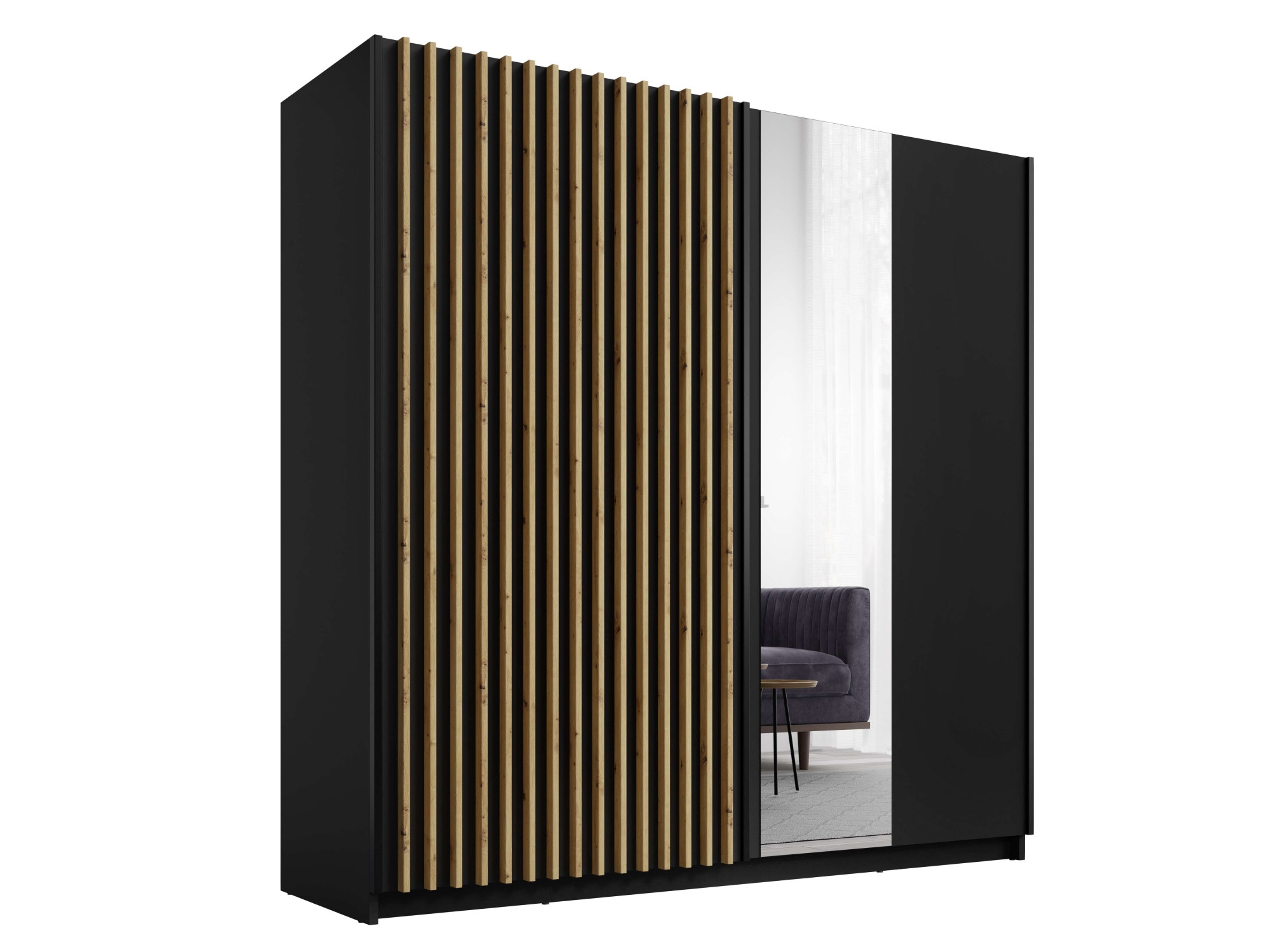 INOSIGN Kleiderschrank »Kleiderschrank Camden mit Spiegel, 4 Einlegeböden und Kleiderstange«, Garderobe mit 2 Schwebetüren und Lamellen, BxHxT 200,2x198,5x61,6 cm