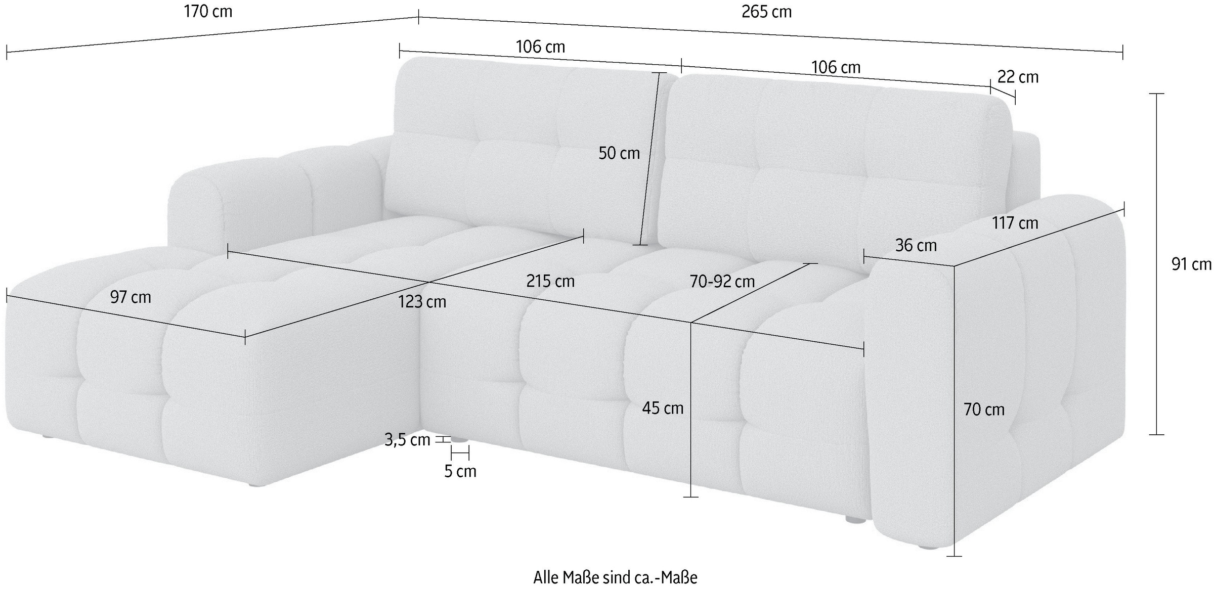 INOSIGN Ecksofa »Manilla, wahlweise mit Bettfunktion, B/T/H 265/170/91 cm«, L-Form mit Recamiere rechts/links bestellbar, Wellenunterfederung