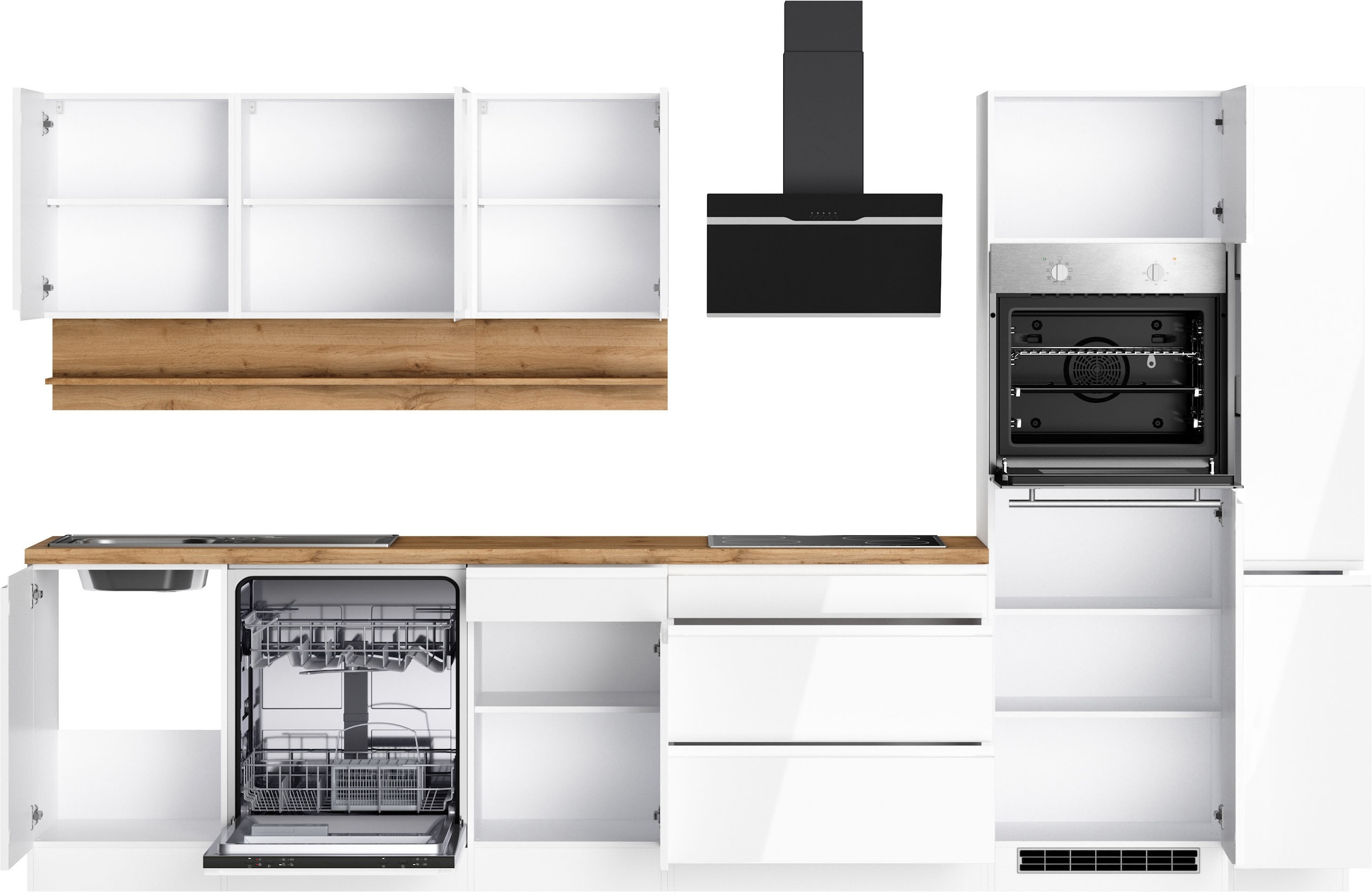 KOCHSTATION Küchenzeile »KS-Virginia,neu in verbesserter Ausführung« Arbeitsplatte 38 mm stark, Stauraum, Softclose,  Breite 330 cm, Soft-Close, ohne E-Geräte