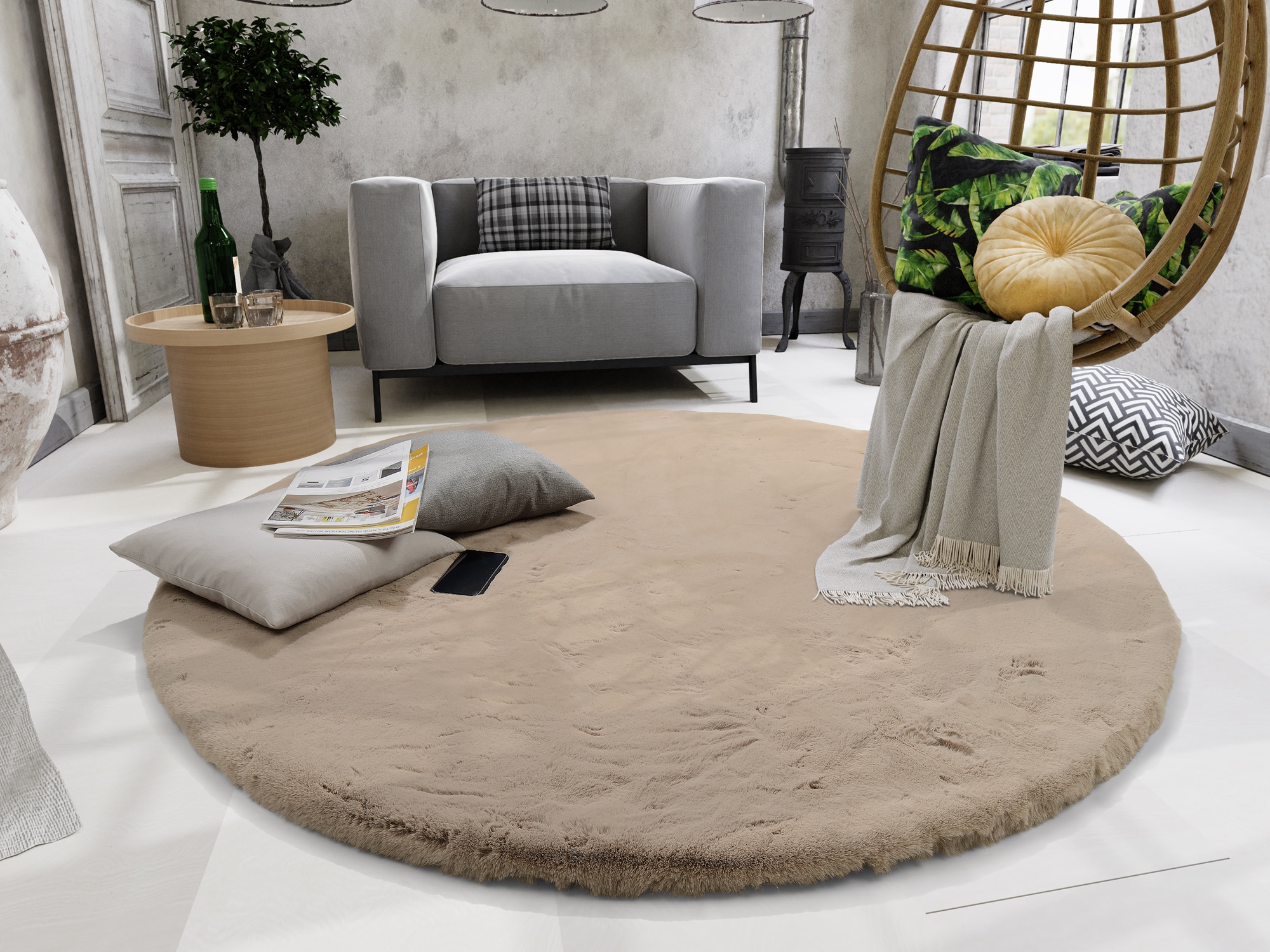 OCI DIE TEPPICHMARKE Hochflor-Teppich "ALISSA, Fell Haptik" rund 38 mm Höhe Kuschelig softer weicher Flor, Kaninchen Fell Haptik, getuftet