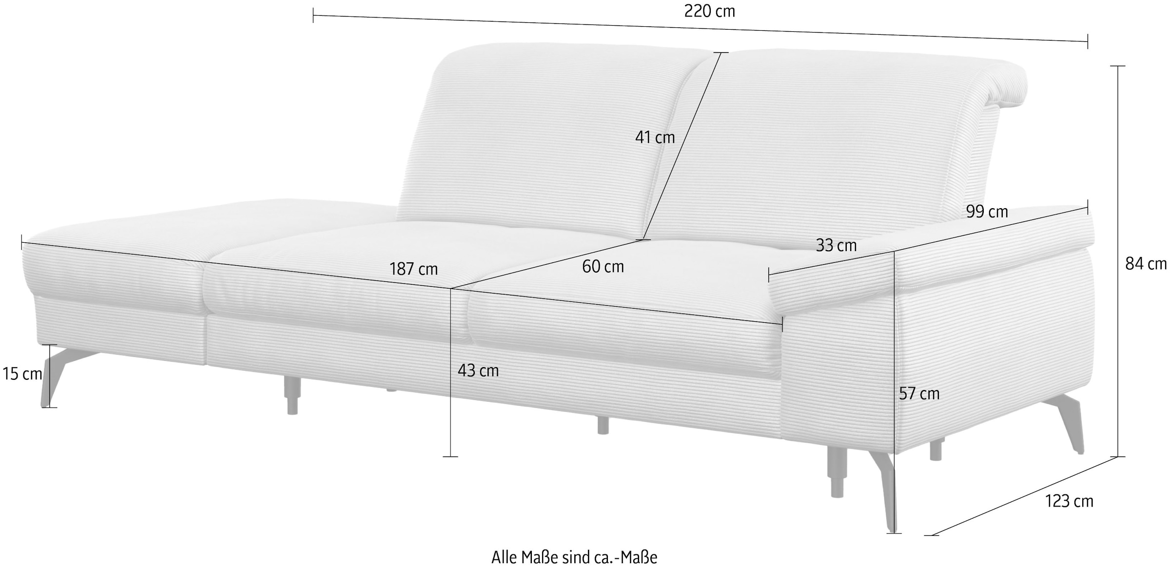 sit&more Recamiere »Cabana«, Breite 220 cm, wahlweise mit Sitztiefen- und Kopfteilfunktion