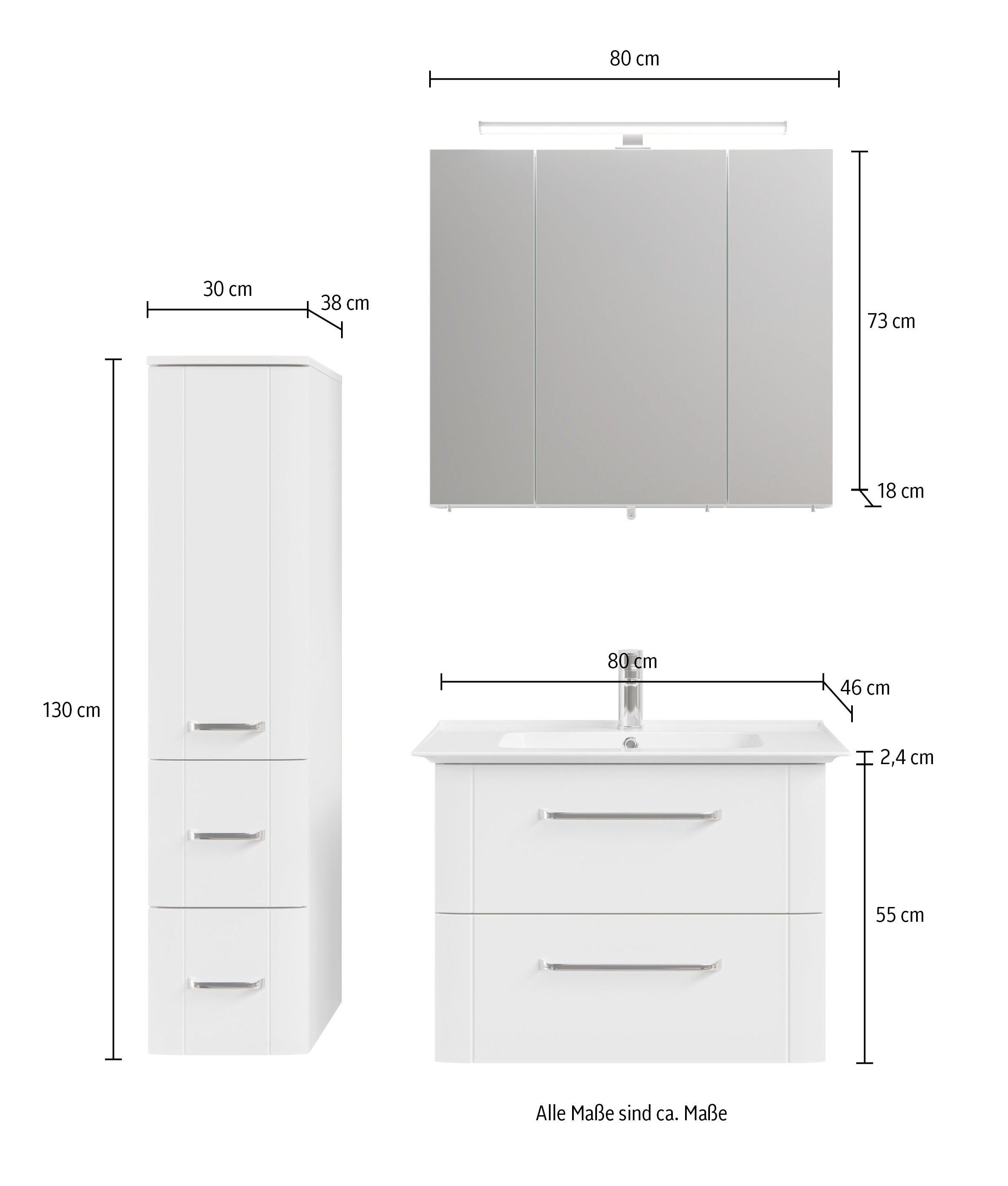 Saphir Badmöbel-Set »Badmöbel-Set Serie 3006 3-teilig Keramik-Waschtisch mit Spiegelschrank«, (4 St.), Badezimmer-Set mit Midischrank, inkl. Türdämpfer