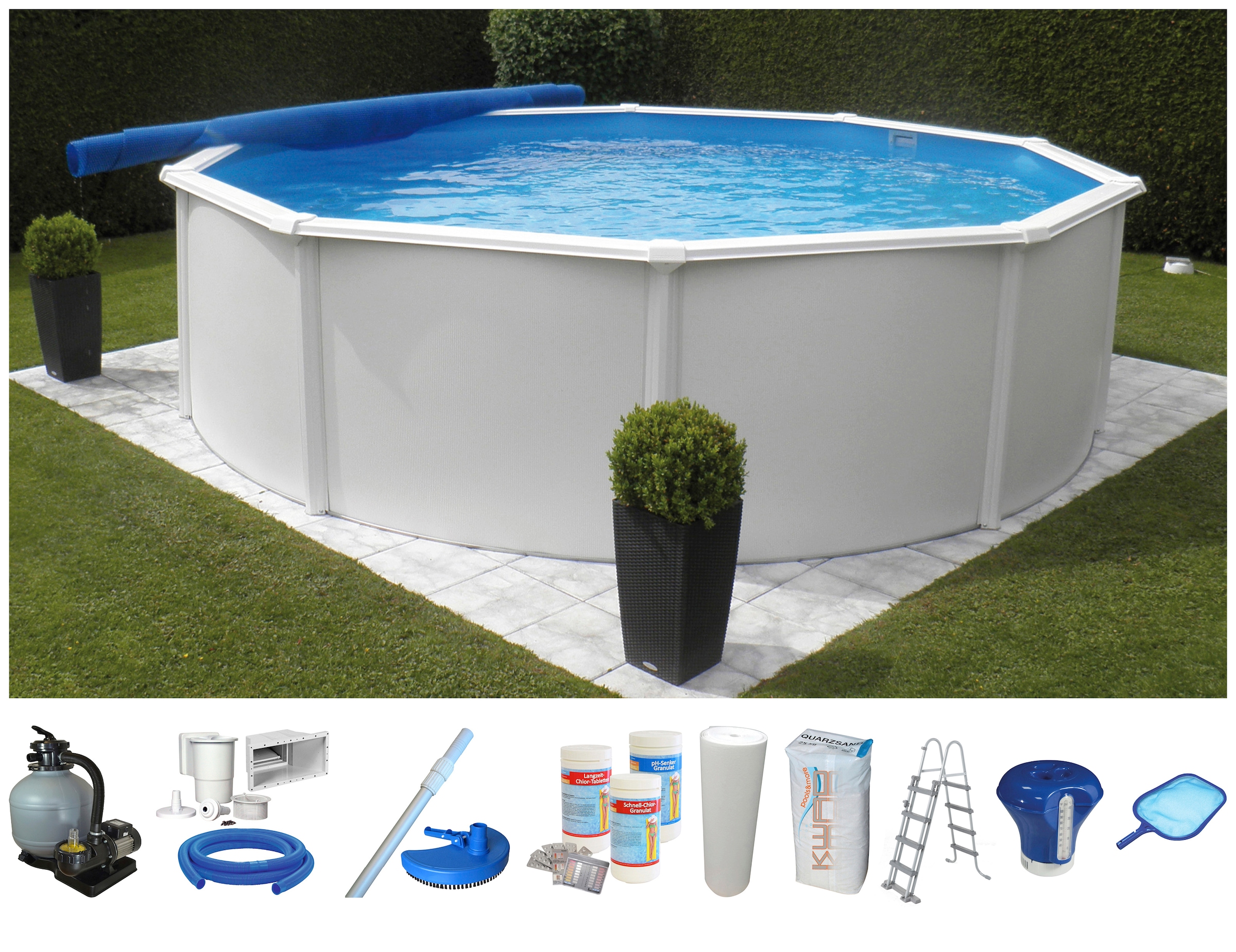 KWAD Rundpool »Supreme weiß inkl. Sicherheitsleiter und umfangreichem Zubehör«, (Set, 10 tlg.), 10-tlg., Höhe: 132 cm, inkl. Wasserpflegeset, blaue Innenfolie