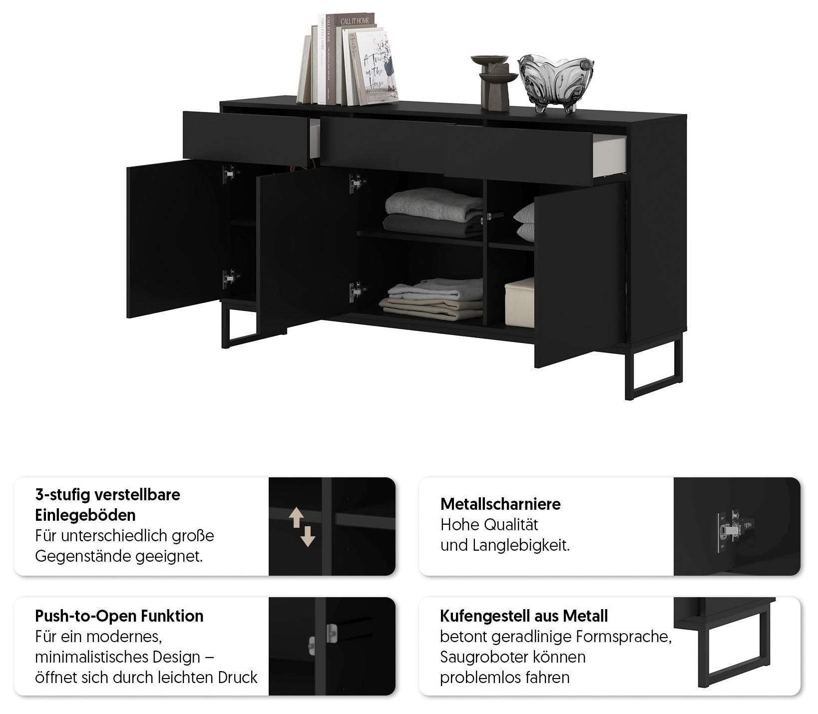 OTTO home Sideboard »Olbia, Breite 157 cm, grifflose Kommode 3 Türen/3 Schubkästen.« Schubladenkommode mit viel Stauraum, Einlegeböden verstellbar