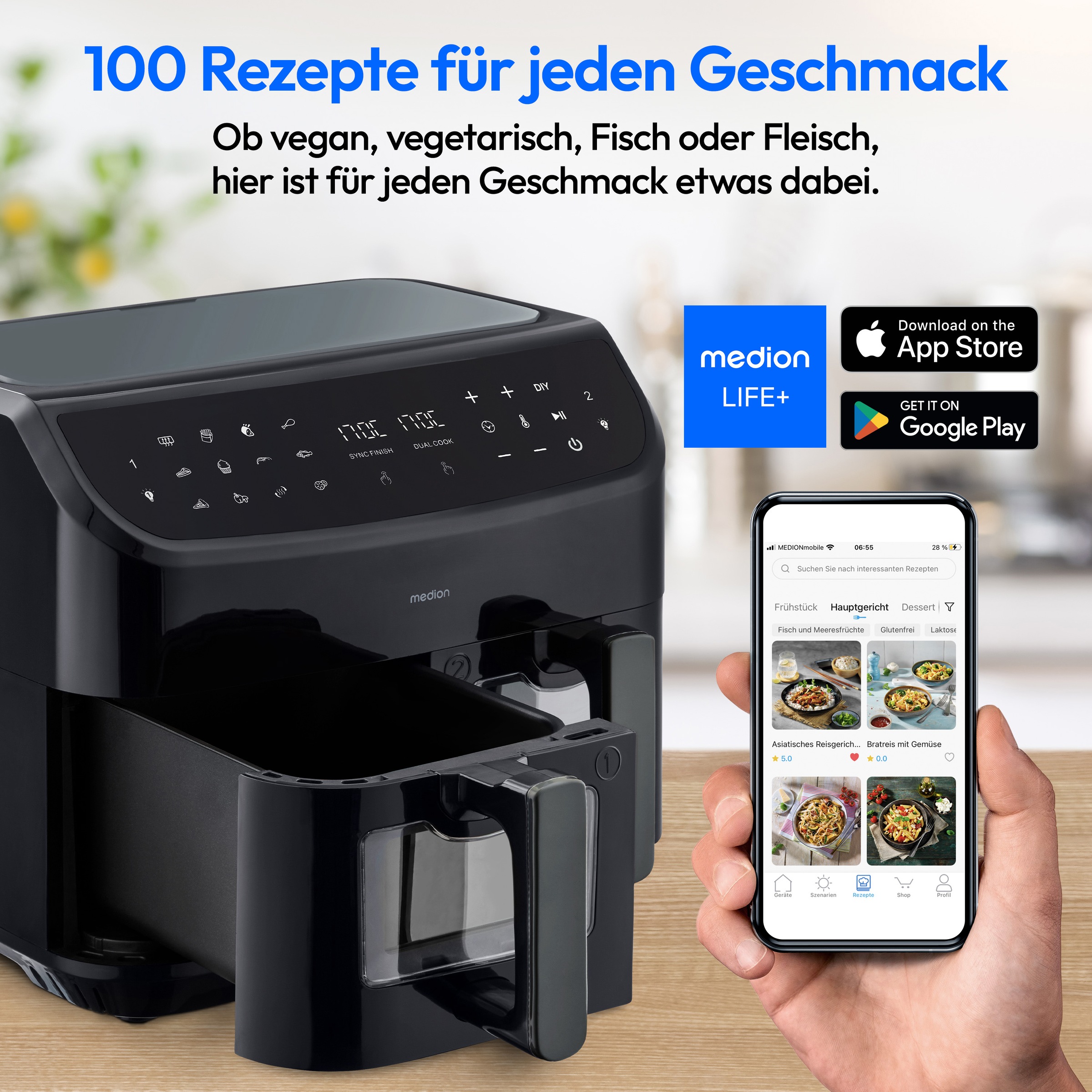 Medion® Heißluftfritteuse »P20 XL (MD 11760) 8,7 L Korbvolumen, 9 Automatikprogramme, Dual Cook«, 2400 W, Temperatur 50 - 200 °C, ILAG Beschichtung, Sync-Finish