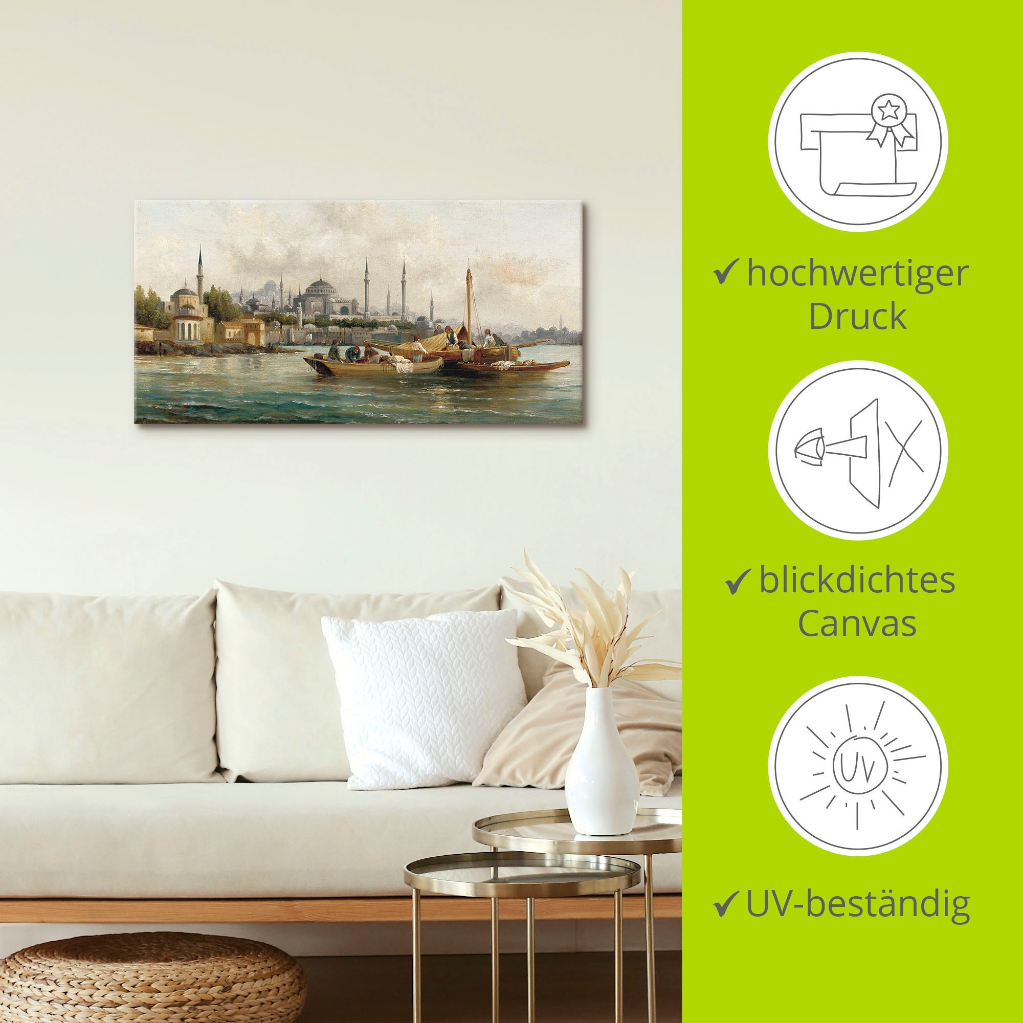 Wandbild ARTLAND "Handelsschiffe vor Hagia Sophia", blau (farbe bild(er): blau), B:150cm H:75cm, Bilder, als Leinwandbild, Poster in verschied. Größen 3
