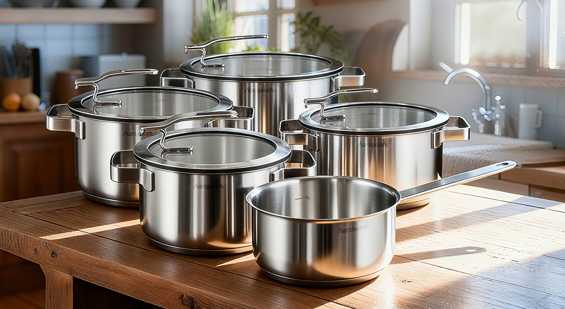 Hanseatic Topf-Set »STYLE« Edelstahl 18/10 Set, Fleischtopf 1x 16 cm / 2x 20 cm / 1x 24 cm, Stielkasserolle 16 cm, 9 Stk. tlg. Deckel mit praktischer Aufhänge-Funktion, Induktion