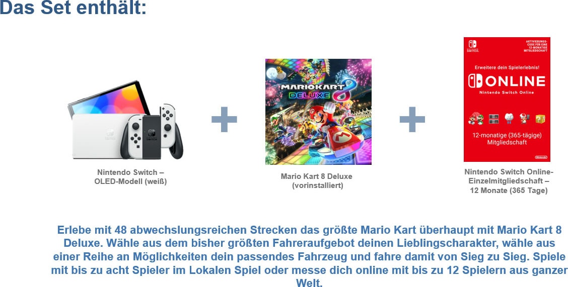 Nintendo Switch Spielekonsole »Switch OLED + Mario Kart 8 Deluxe + 12-monatige Einzelmitgliedschaft«, + 12 Monate Nintendo Switch Online