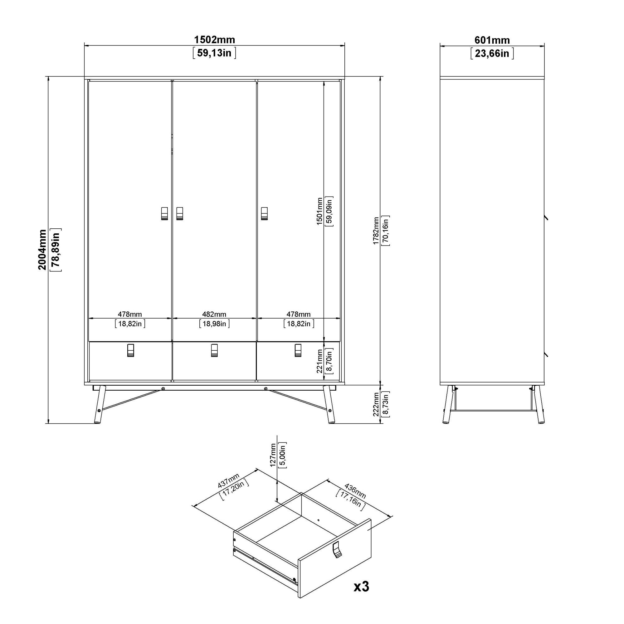 andas Kleiderschrank »RY«, mit 3 Türen und 3 Schubladen, Breite/Höhe 150/200 cm