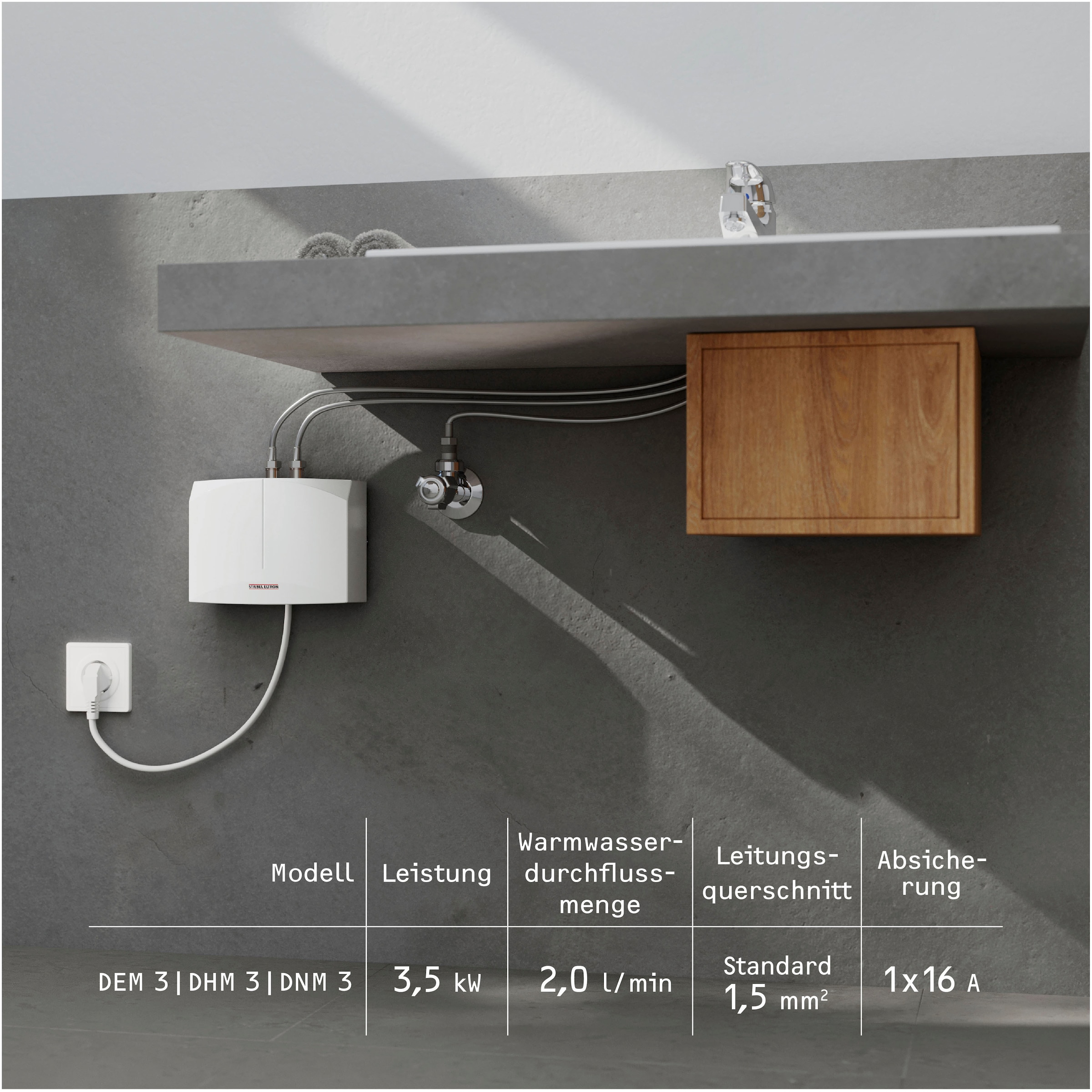 STIEBEL ELTRON Klein-Durchlauferhitzer »DNM 3 für Handwaschbecken, 3,5 kW, mit Stecker«, sofort lauwarmes Wasser (ca. 35°C), steckerfertig