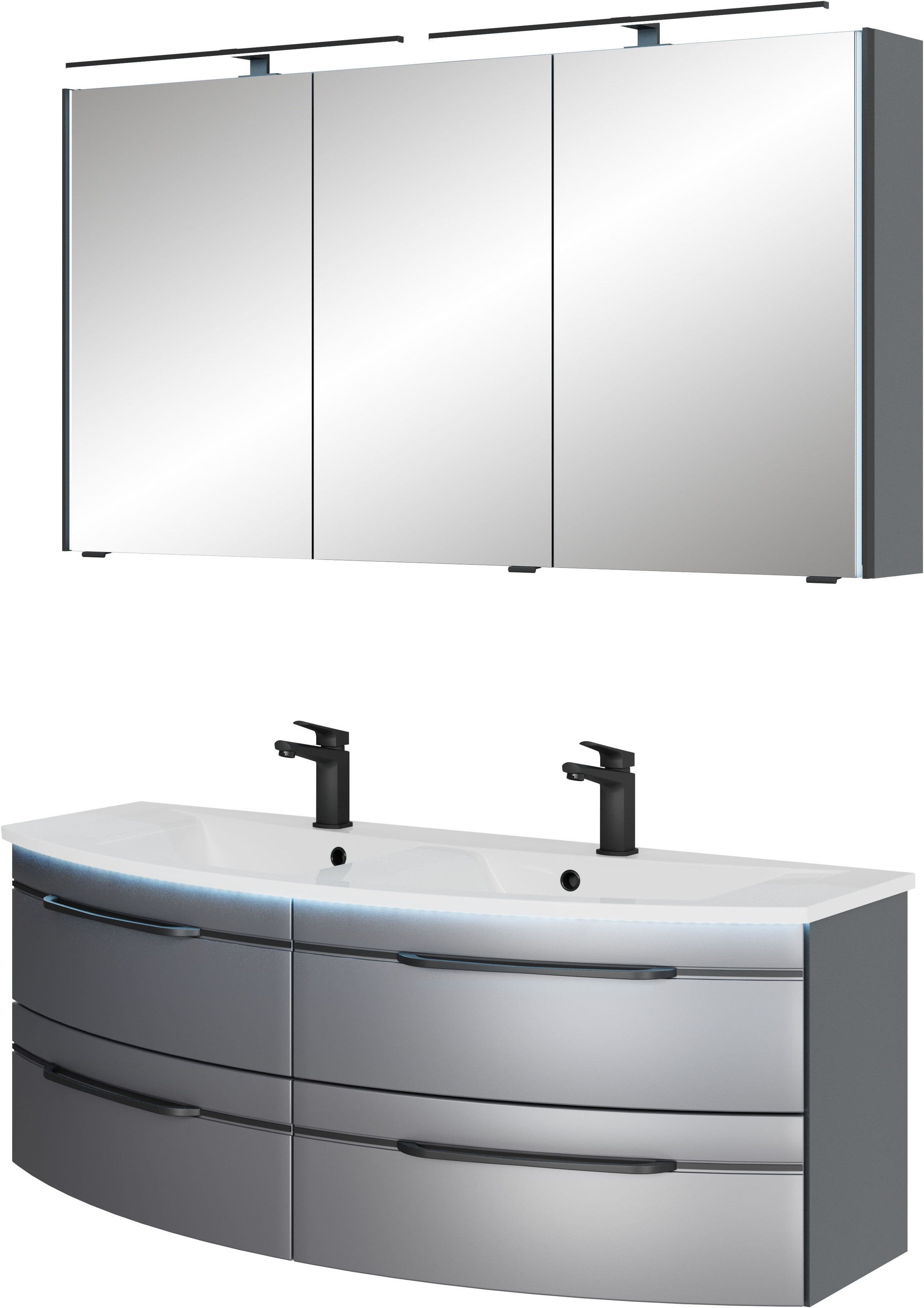 Saphir Badmöbel-Set »Badezimmer-Set 133,2 cm breit, inkl. Türdämpfer, 3 Türen, 4 Schubladen«, (Set, 2 St.), Serie 7045 2-teilig Mineralmarmor-Doppelwaschtisch, LED-Spiegelschrank