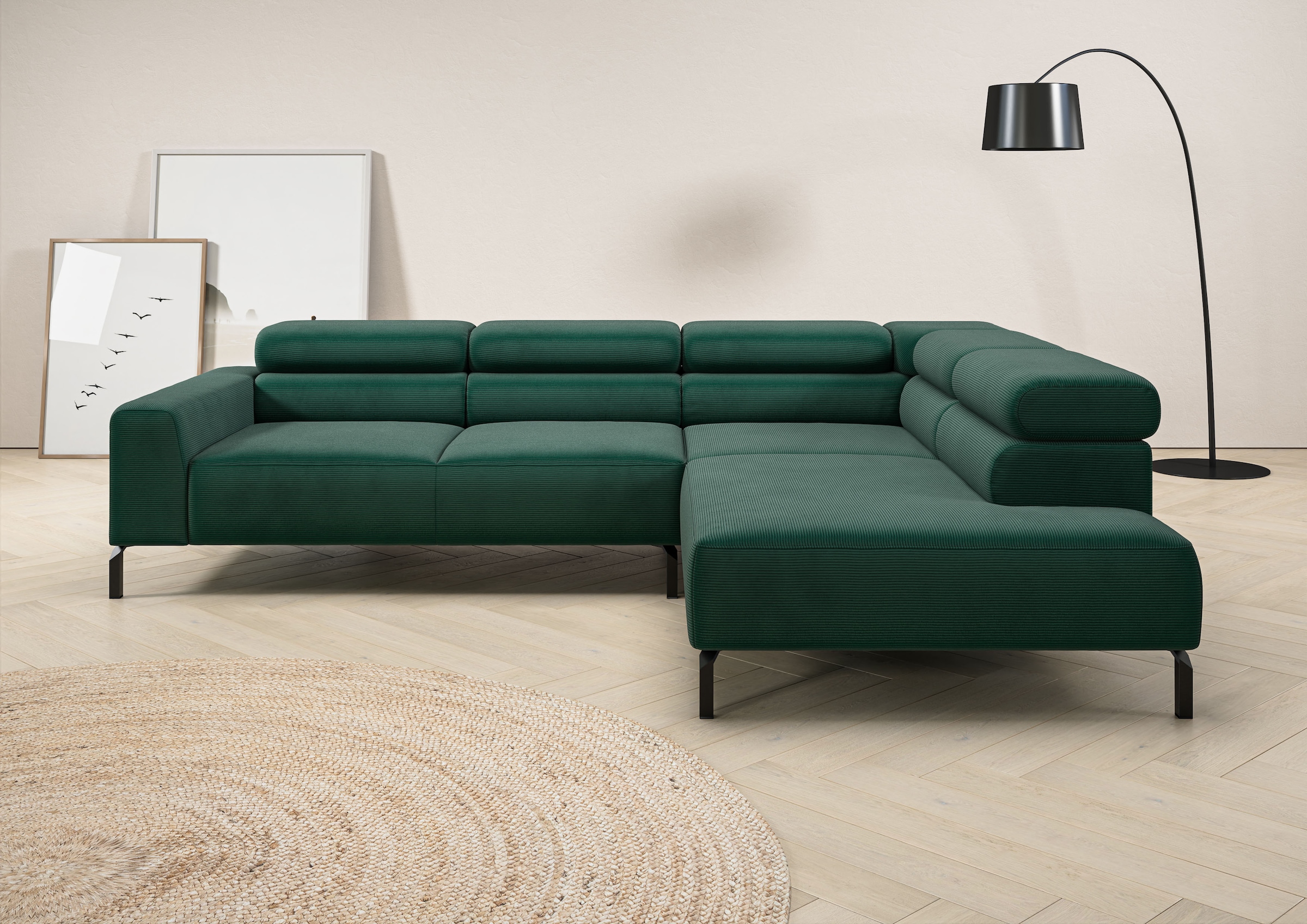 Home affaire Ecksofa "Antonelli, L-Form, inkl. Kopfteilverstellung, Breite 276 cm" ohne Sitztiefenverstellung, in Feincord, grün