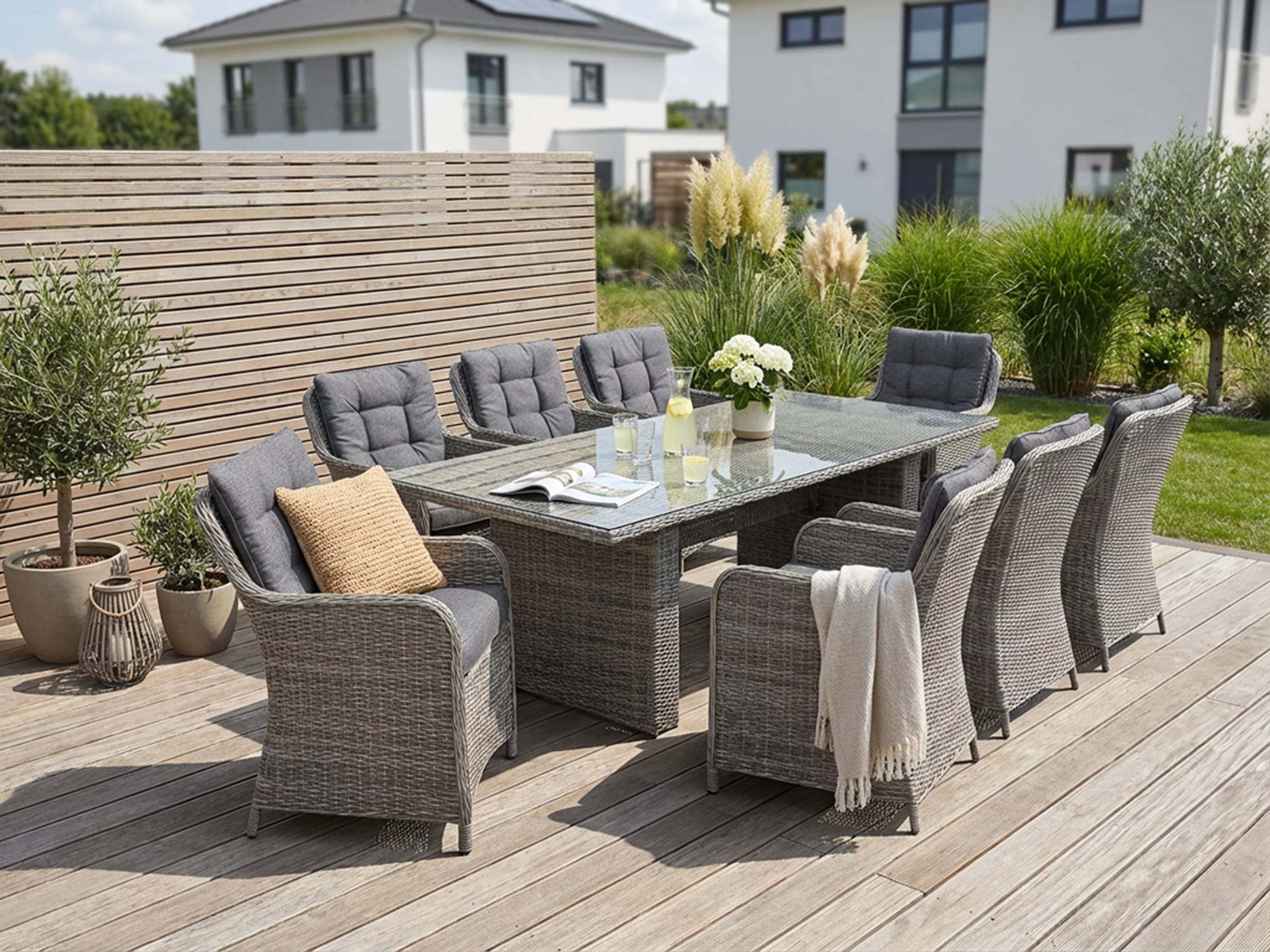 KONIFERA Garten-Essgruppe »»Menorca«« Set, 8x Sessel, 1x Tisch 230,8x100x75 cm, inkl. Auflagen, Alu, Polyrattan, 25 Stk. tlg. Polyrattan, Aluminium, Tischplatte aus 5mm starkem Sicherheitsglas