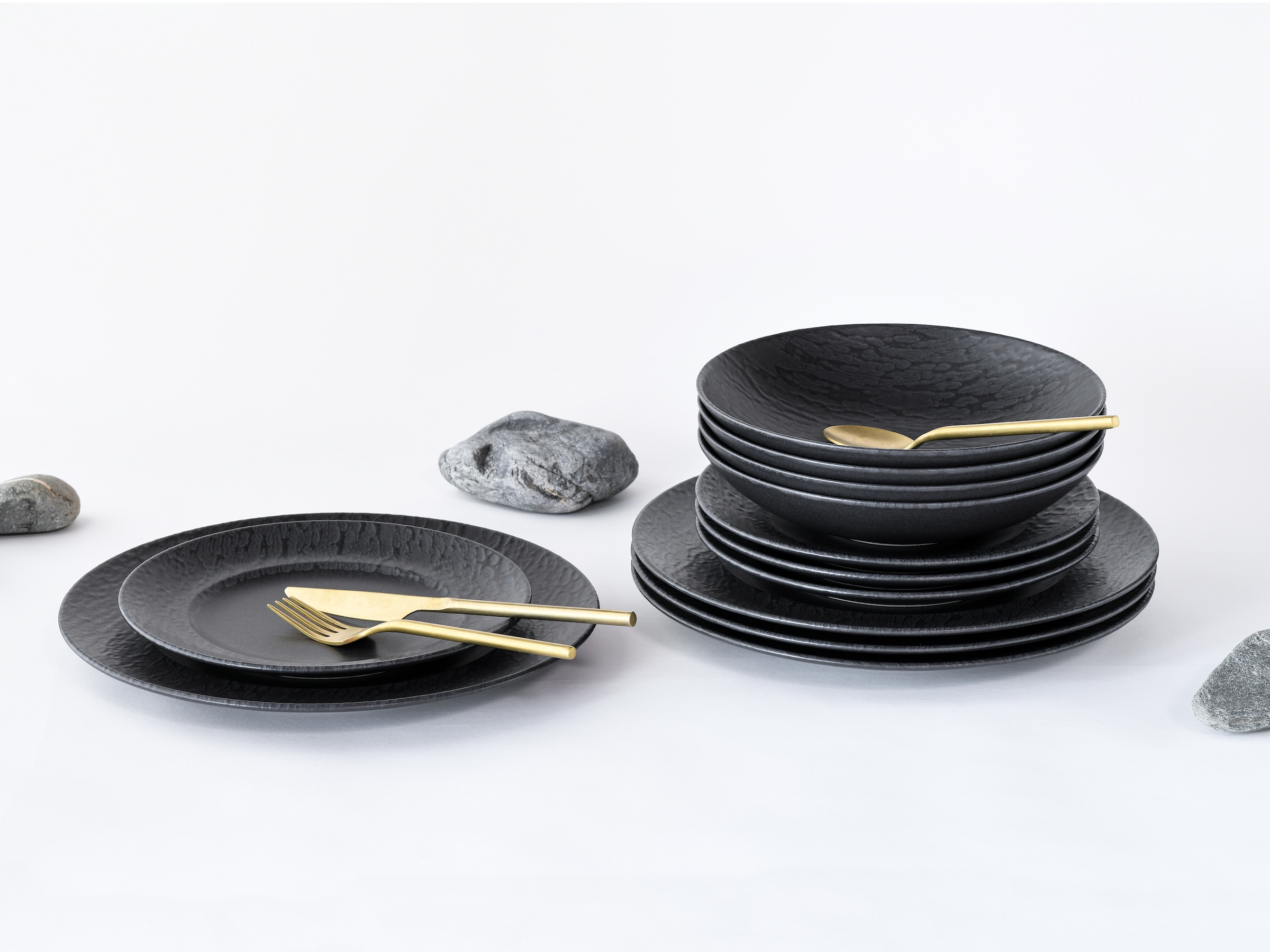 CreaTable Teller-Set »Geschirr-Set Schiefer«, (Set, 12 tlg., Tafelservice für 4 Personen), Service, schwarz, schieferoptik, 12 Teile, für 4 Personen