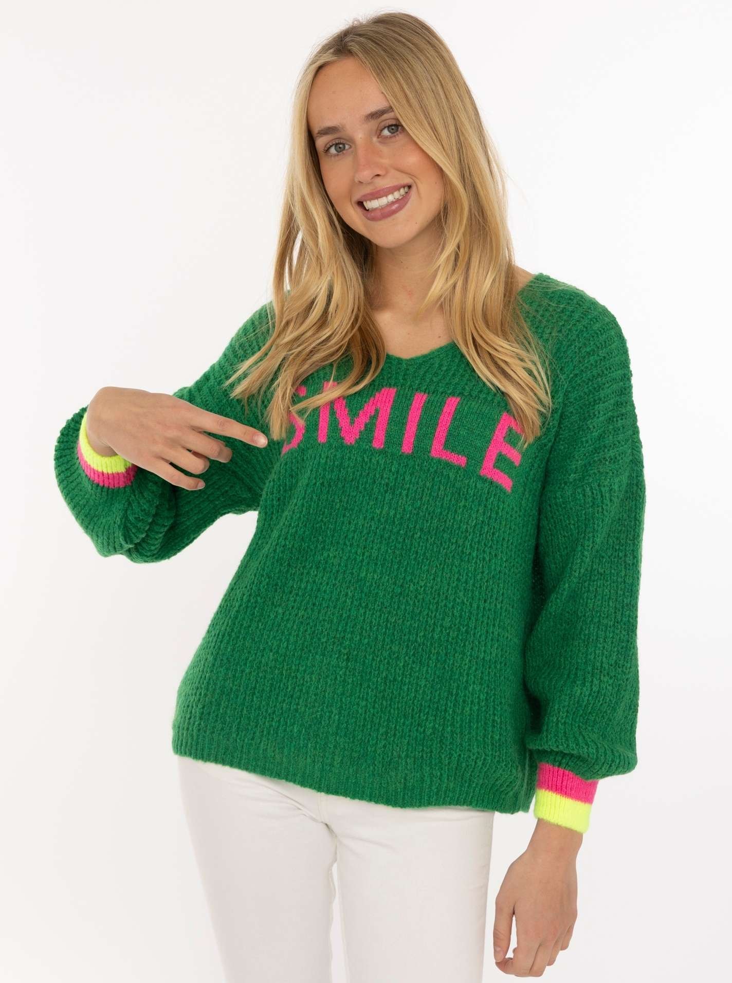 Zwillingsherz Strickpullover ""Smile"" Langarm, One Size, V-Ausschnitt, Neon-Details, Schriftzug