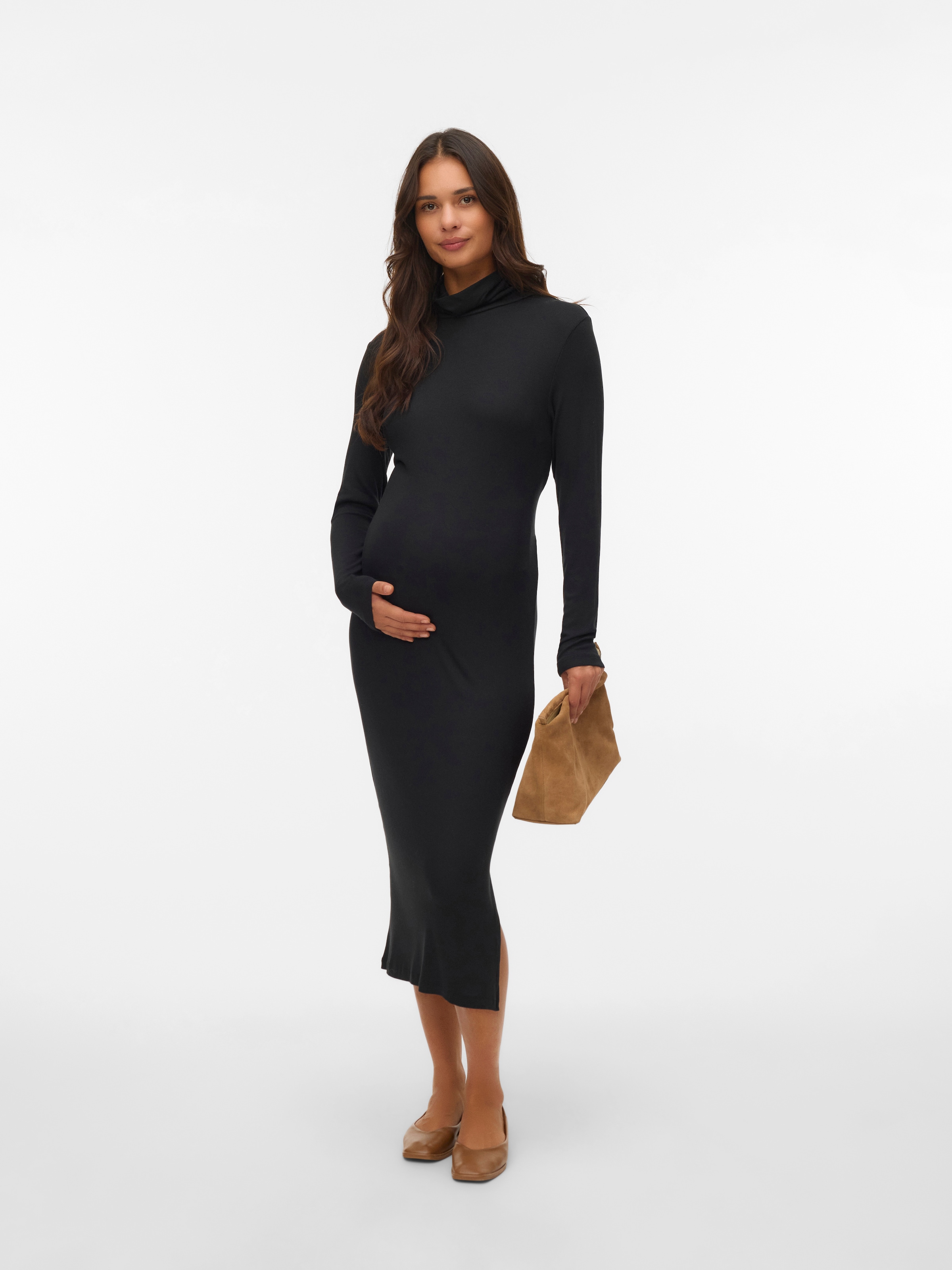 Mamalicious Umstandskleid "MLLEVY LS ROLLNECK JRS MIDI DRESS NOOS" aus Viskosemischung mit Jersey, enge Passform, pflegeleicht, elastisch