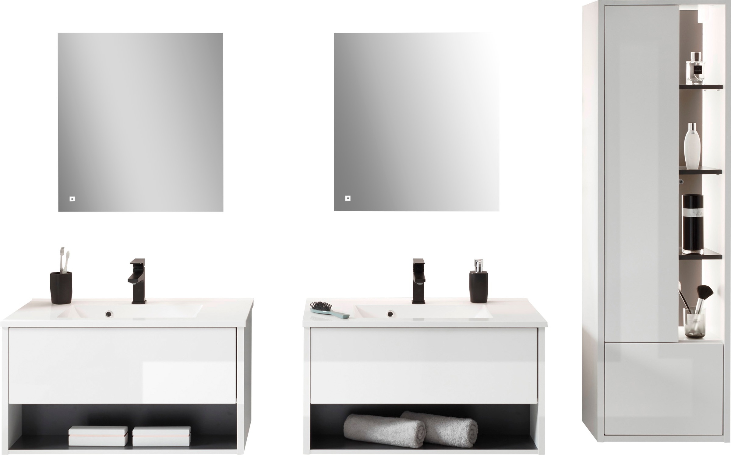 Places of Style Badmöbel-Set »Studio Line, Bad im modernen Design, 5-teiliges Badezimmer«, (5 St.), Schrank, Waschtisch und Spiegel, in zwei Farben verfügbar, Stauraum