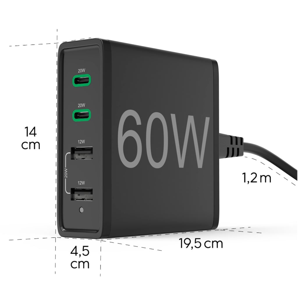 Hama USB-Ladegerät »4fach USB-Ladestation 60 Watt Ladegerät, 2x USB-C PD, 2x USB Multiport«