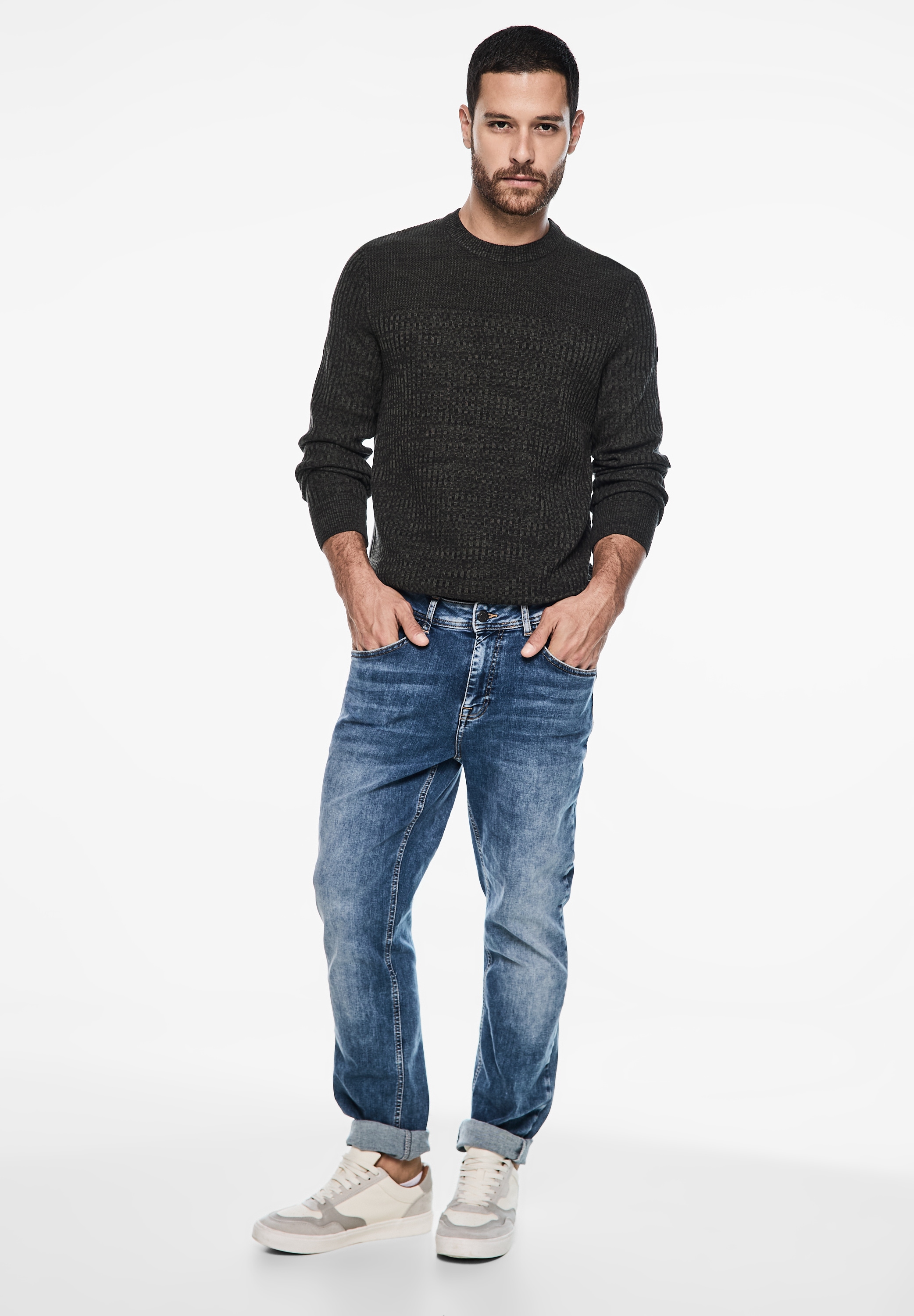 STREET ONE MEN Rundhalspullover, aus reiner Baumwolle