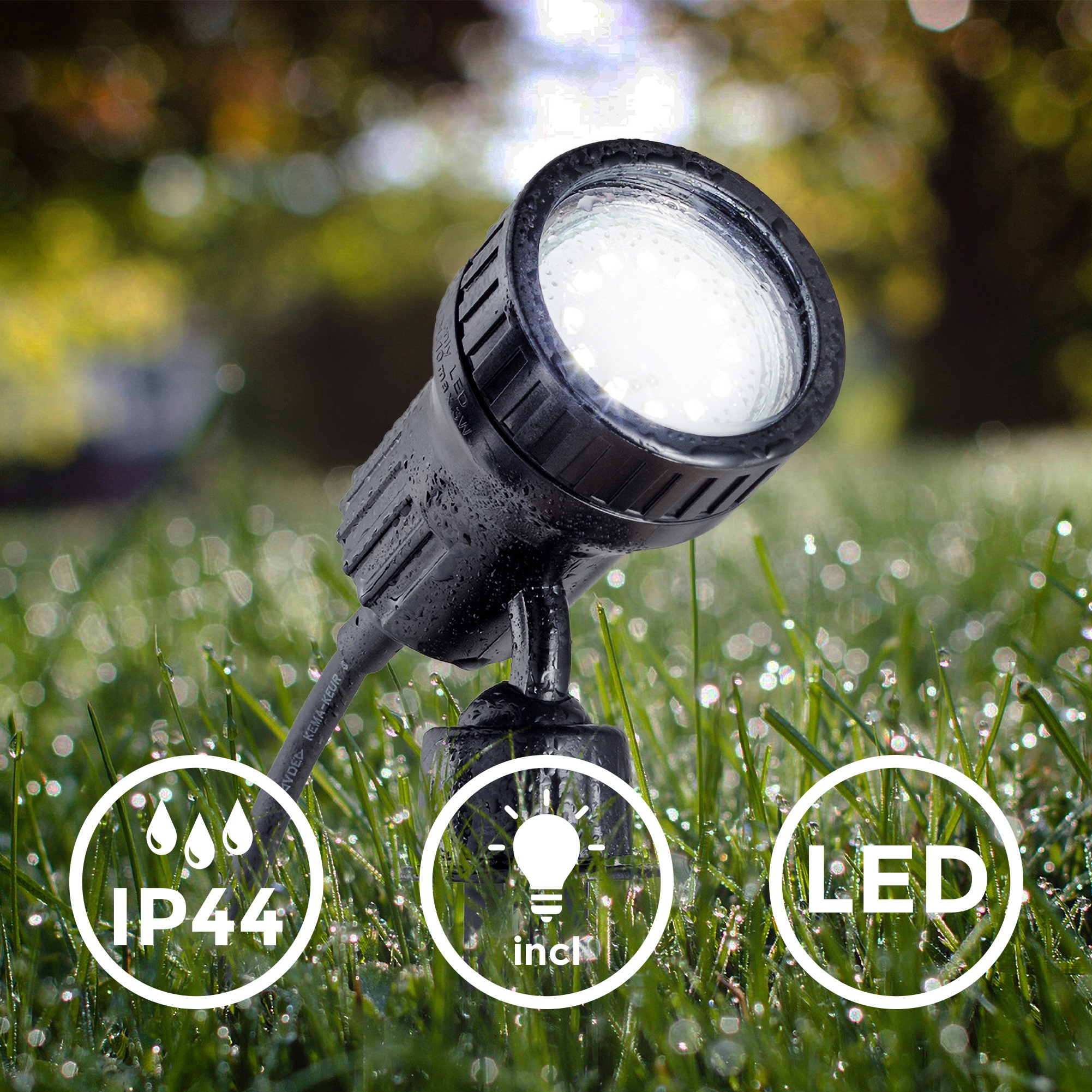 B.K.Licht LED Gartenstrahler, 1 flammig, Leuchtmittel GU10 | LED wechselbar, LED, Erd-Spieß, Gartenleuchte, IP44, Wandspo,t Außen-Leuchte, 3W GU10