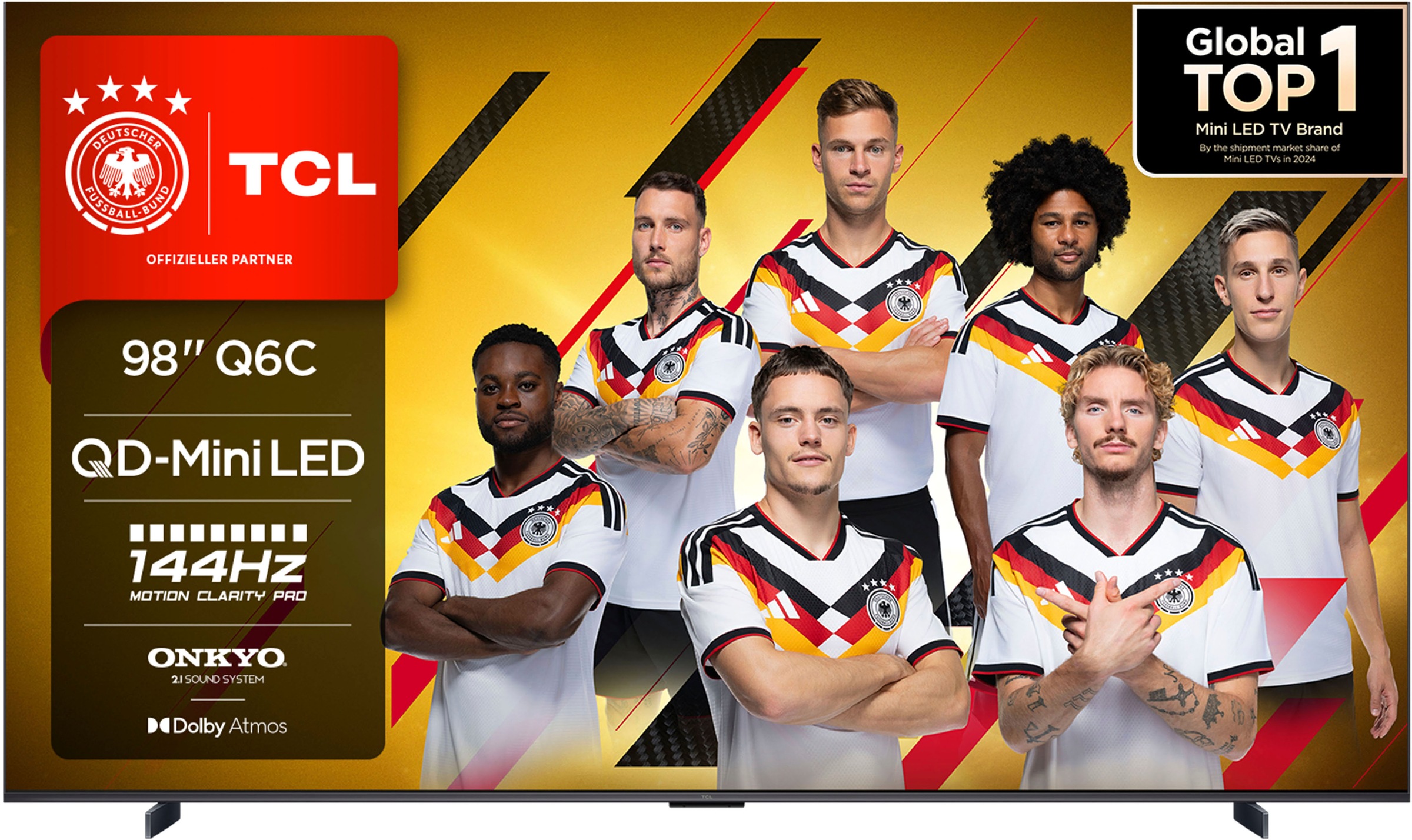 TCL Mini-LED-Fernseher "98Q6CX7", Energieeffizienz: E (A-G), schwarz, 98, Fernseher, 4K Multi-HDR Dolby Vision, 144Hz, ONKYO Dolby Atmos, Apple Airplay 2