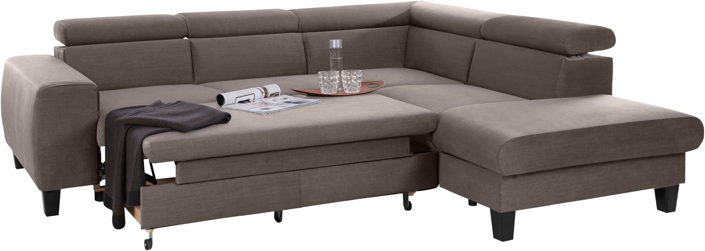 Ecksofa COTTA "Morven L-Form", grau (taupe), B:249cm H:75cm T:207cm, Microfaser PRIMABELLE (100% Polyester);Flachgewebe (100% Polyester);Samtvelours (100% Polyester), Sofas, Ecksofa, wahlweise mit Bettfunktion, Bettkasten & Wireless-Charger 6