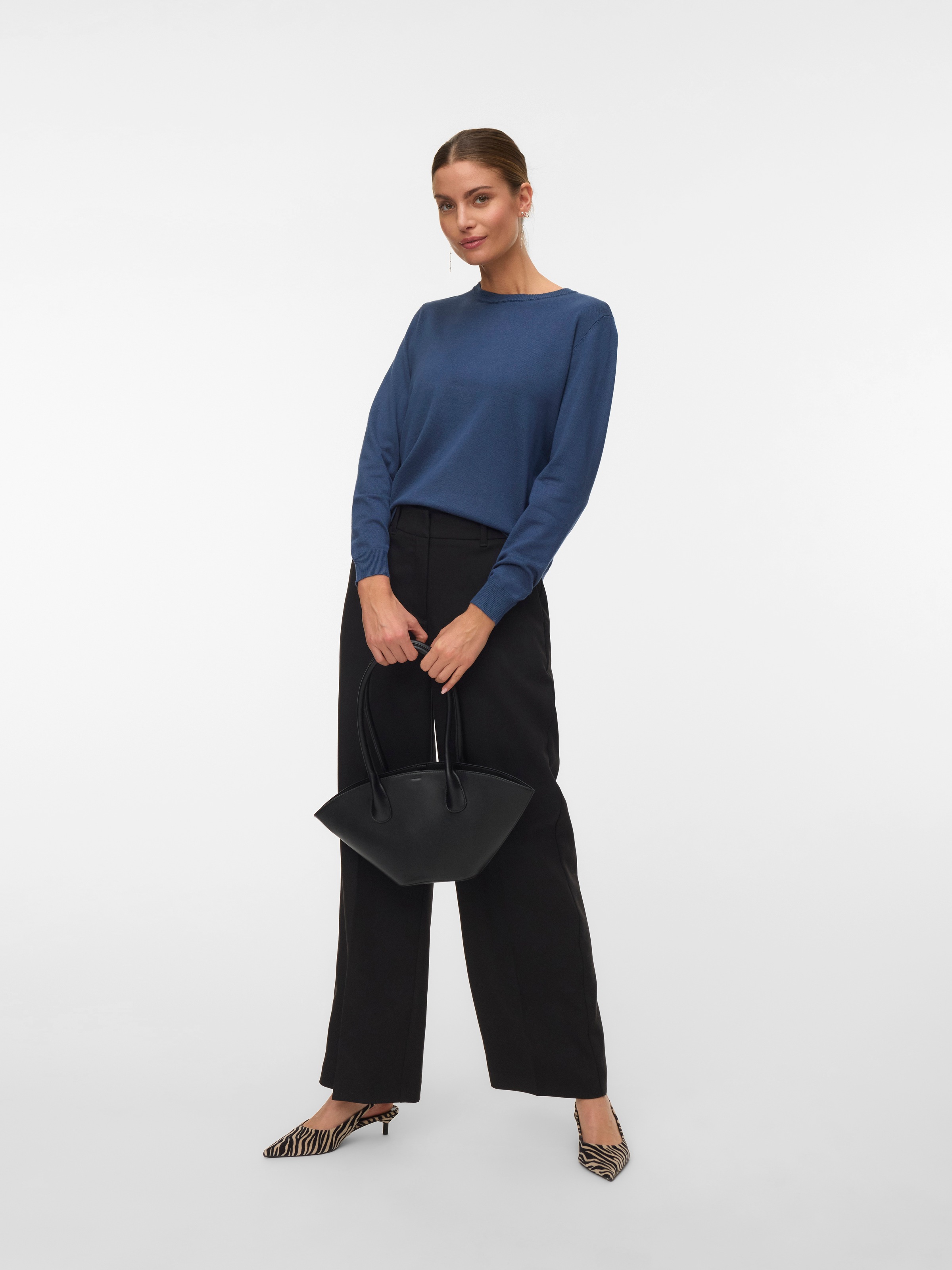 Strickpullover VERO MODA "VMSILJE LS O-NECK PULLOVER NOOS", Damen, Gr. XL, schwarz denim, Strick, Obermaterial: 77% Viskose, 23% Polyester, unifarben, regular fit normal, Rundhals, Pullover Strickpullover 3