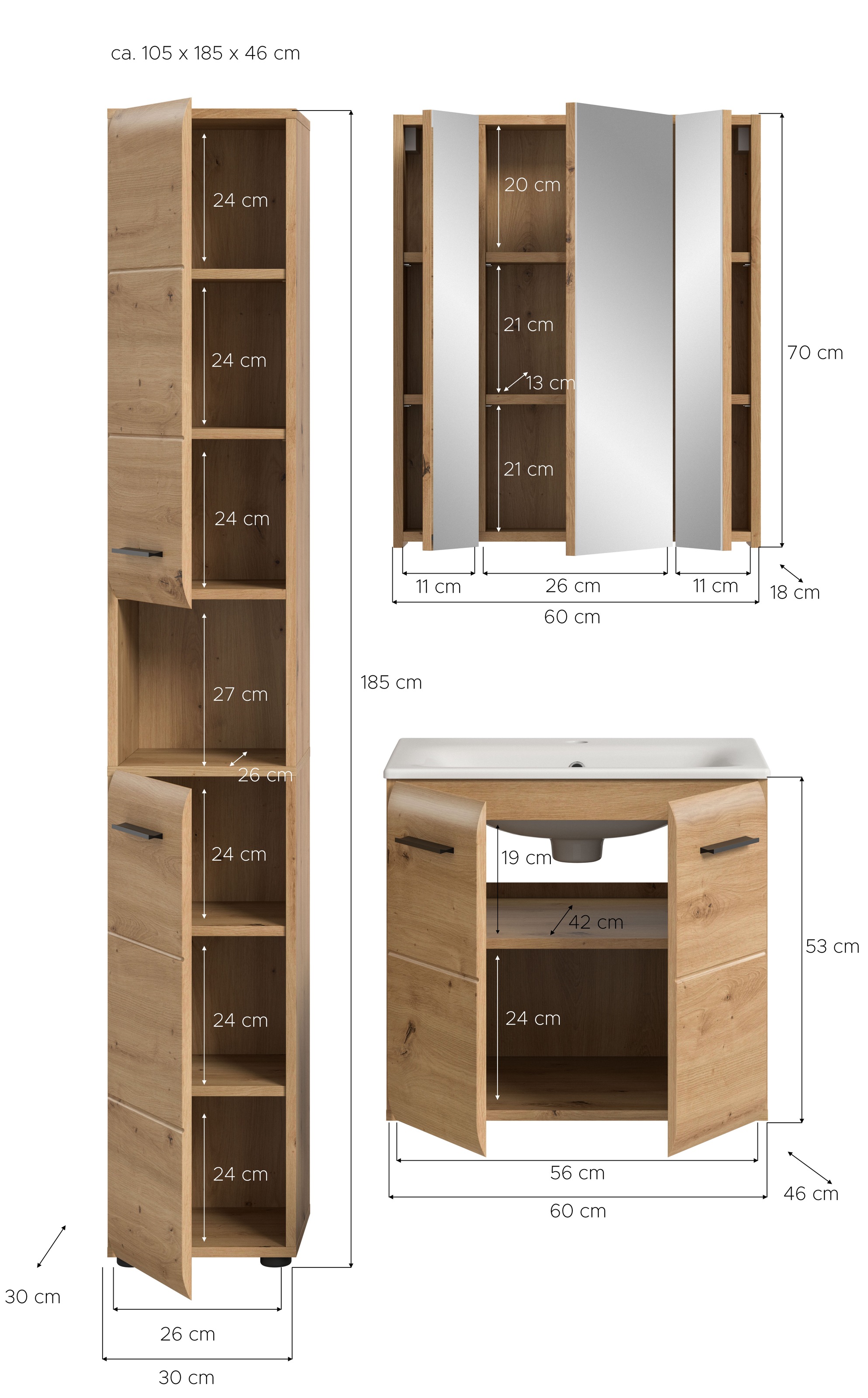 INOSIGN Badezimmer-Set, (Set, 4 St.), Florenz, Badkombination 4-tlg., Artisan Oak NB, inkl. Waschbecken
