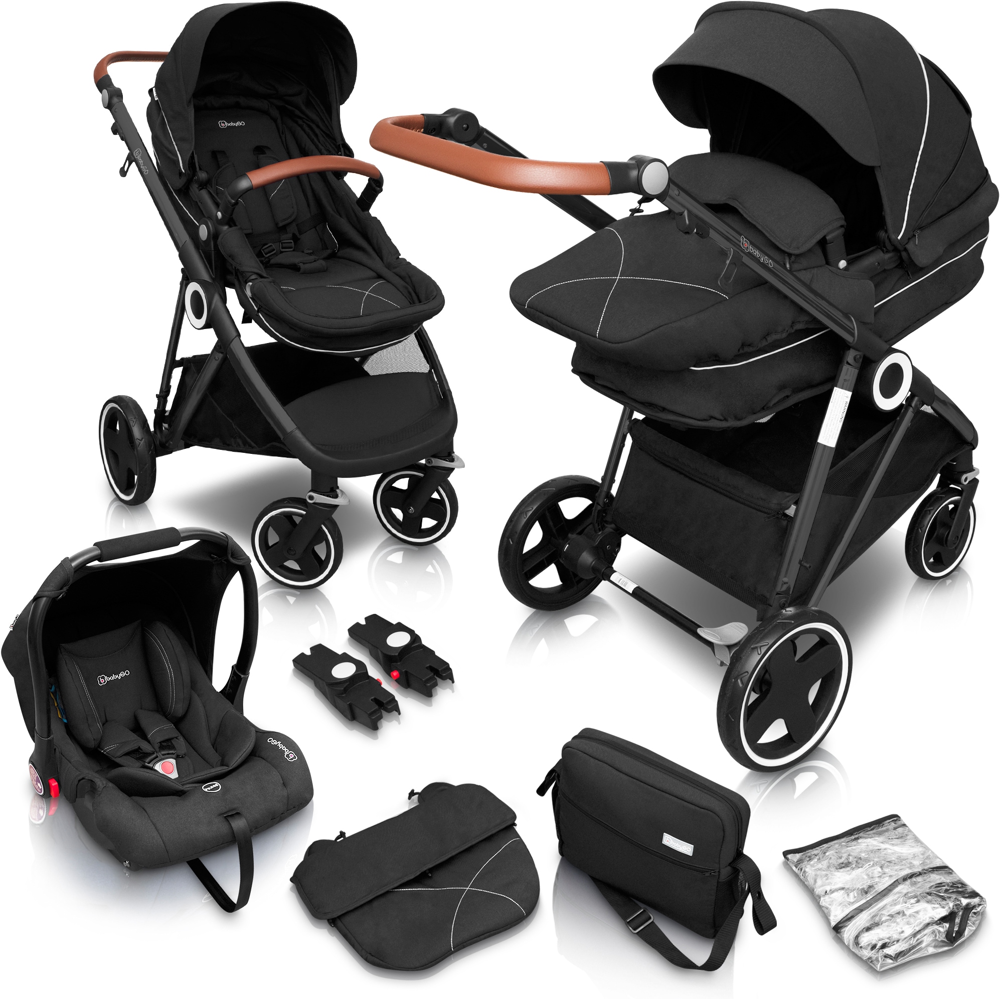 BabyGo Kombi-Kinderwagen »Halime 3in1, Anthracite Black«, inklusive Babywanne, Babyschale, Regenhaube & Wickeltasche