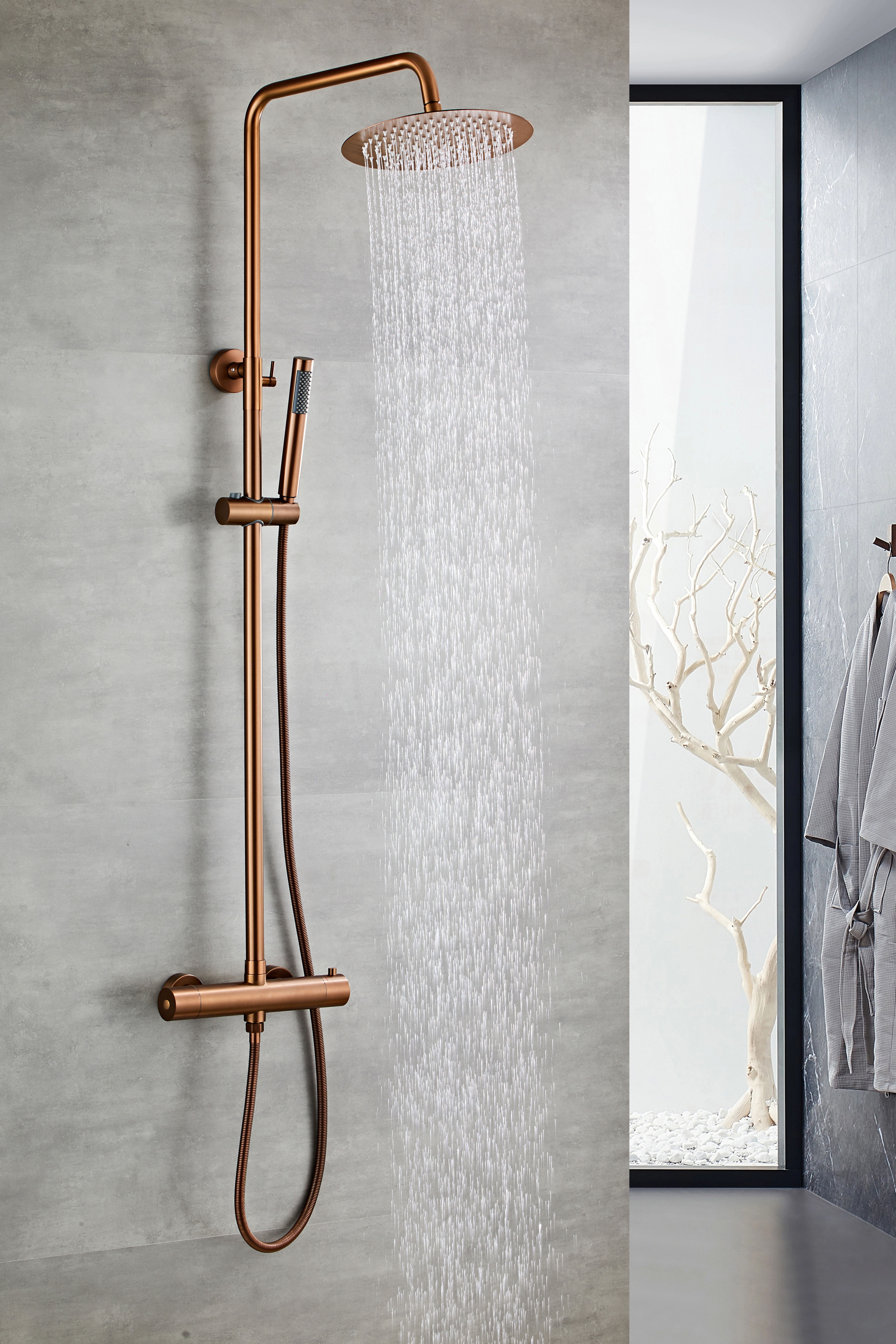 Duschsystem ØRESUND, H:135cm T:9,5cmkupfer, Brausegarnituren, "Sanddorn", Überkopfbrause, Regendusche Wellnessdusche in verschiedenen Farben