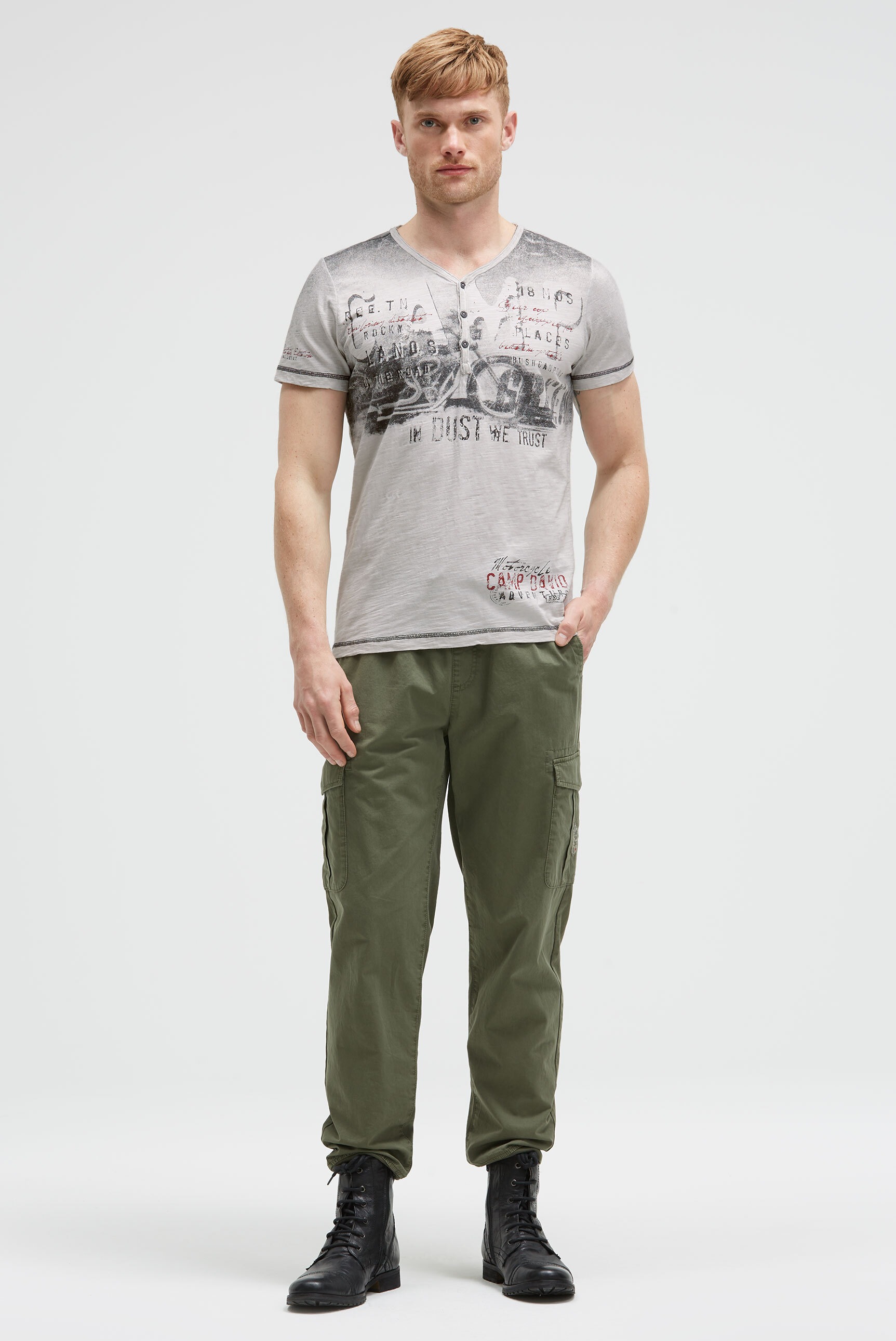 CAMP DAVID Henleyshirt, mit offener Kante am Ausschnitt