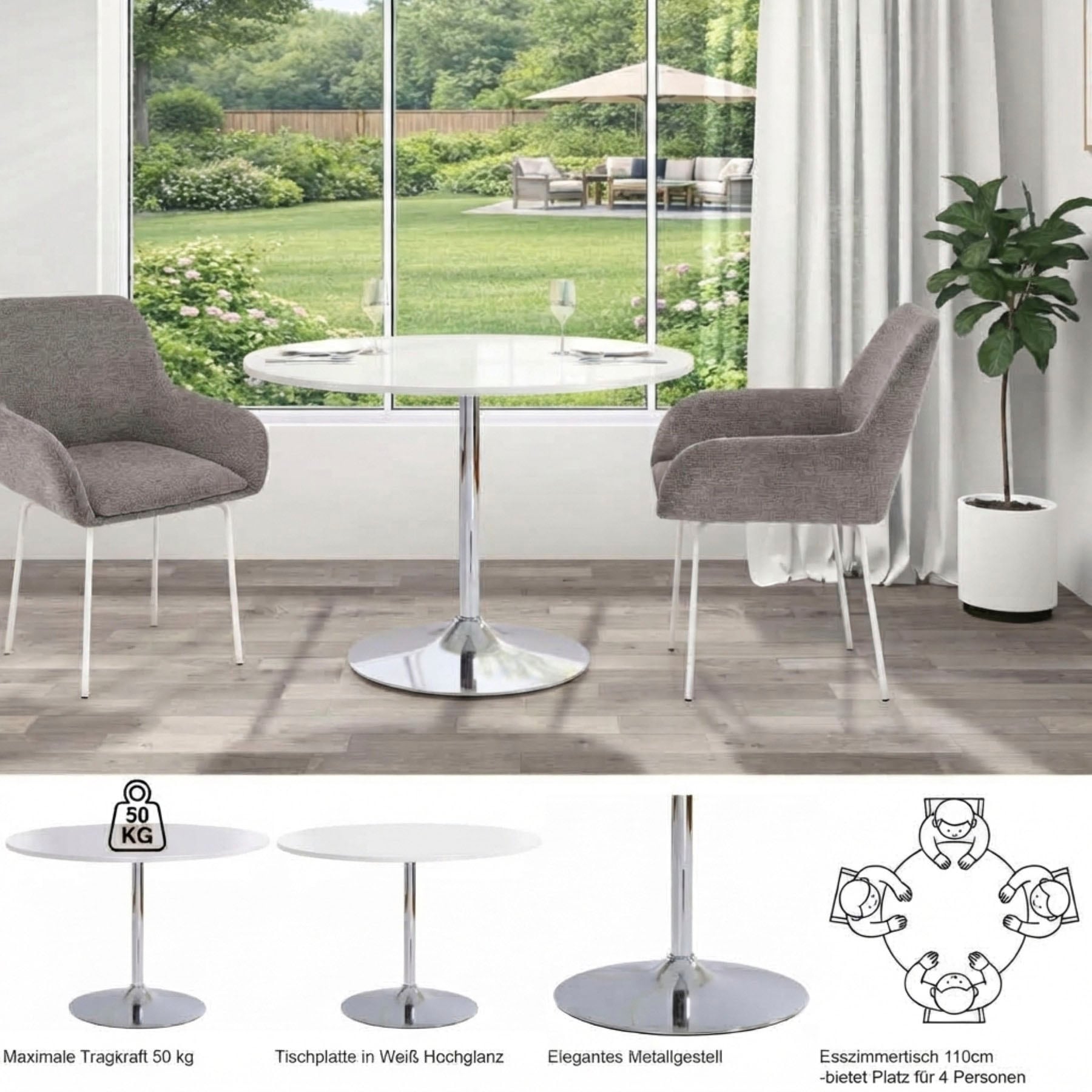 OTTO home Esstisch »Trompet« rund,  Ø110 cm, Tischplatte weiß Hochglanz, Trompetenfuß, Tulpentisch