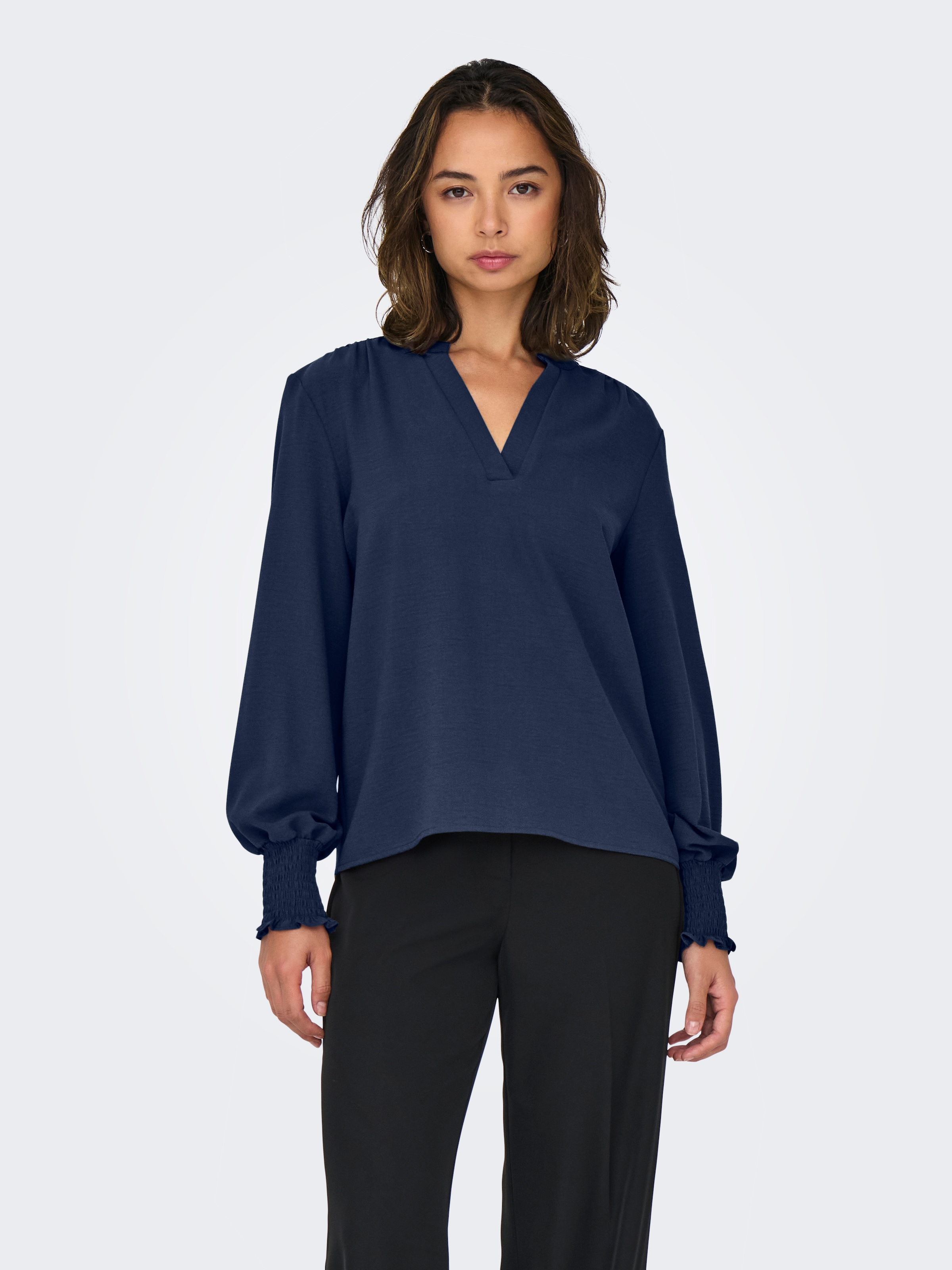 ONLY »ONLMETTE V-NECK LS SMOCK TOP NOOS WVN« Kunstfaser, regular fit