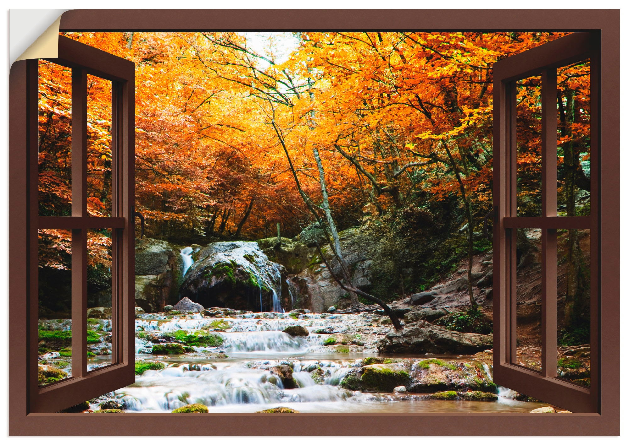 Black Friday Artland Wandbild »Fensterblick - Herbstlicher Wasserfall«,  Fensterblick, (1 St.), als Leinwandbild, Wandaufkleber oder Poster in versch.  Größen | BAUR